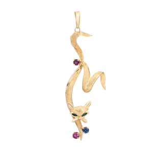Henry Dankner Cat Pendant Vintage 14k Yellow Gold Sapphire Ruby Animal Jewelry