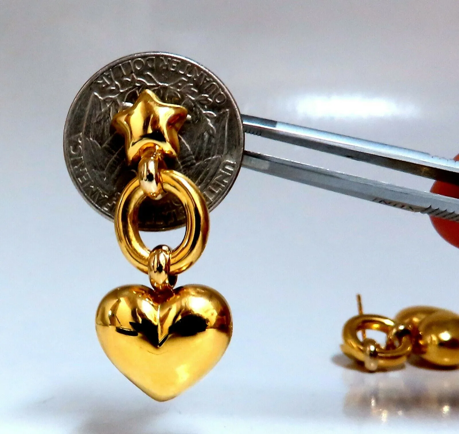 High Shine Domed Heart Star Circles Dangle Earrings 14 Karat Gold