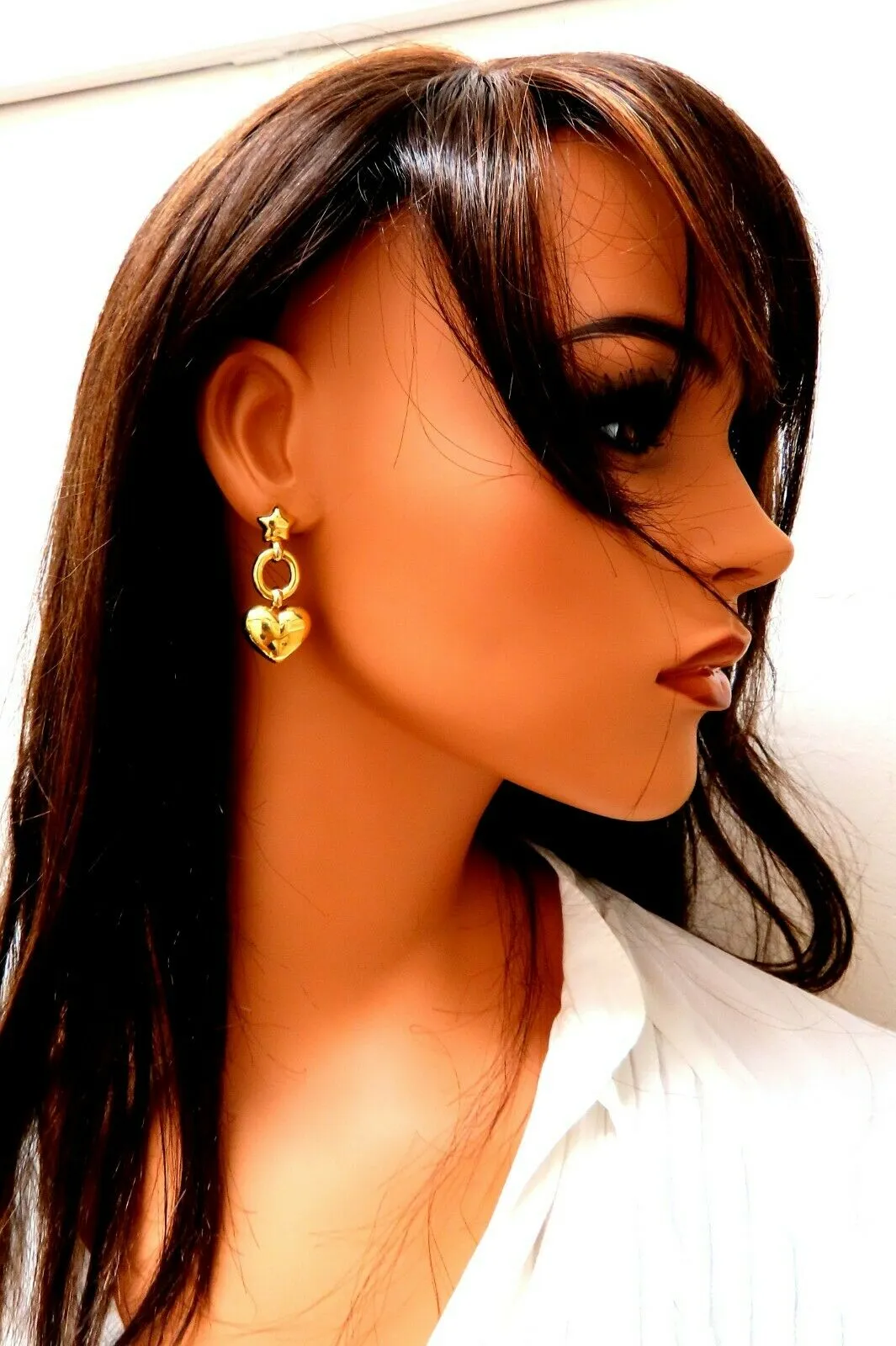 High Shine Domed Heart Star Circles Dangle Earrings 14 Karat Gold