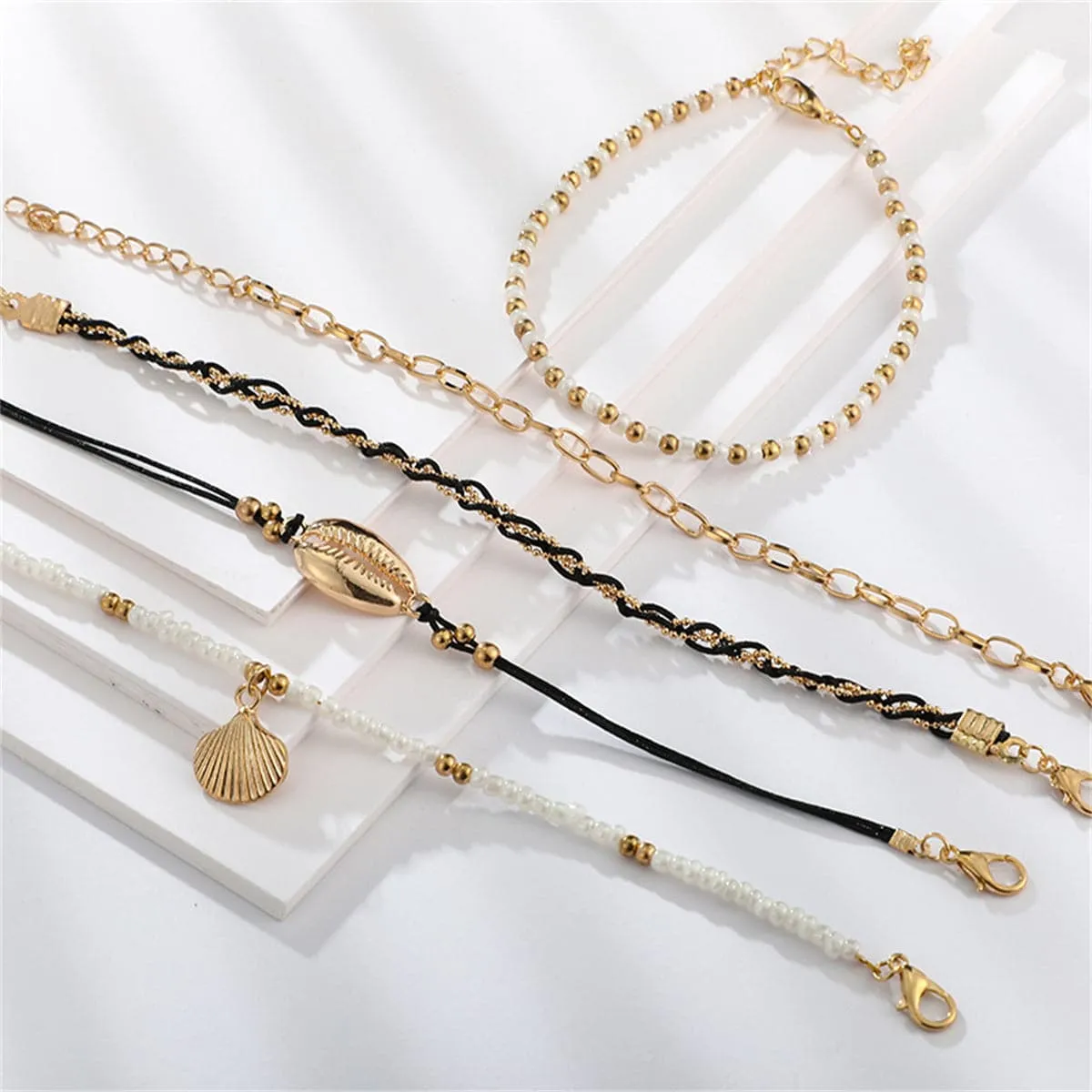 Howlite & Polyster 18K Gold-Plated Shell-Charm Anklet Set