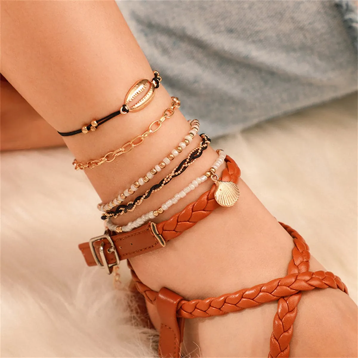 Howlite & Polyster 18K Gold-Plated Shell-Charm Anklet Set