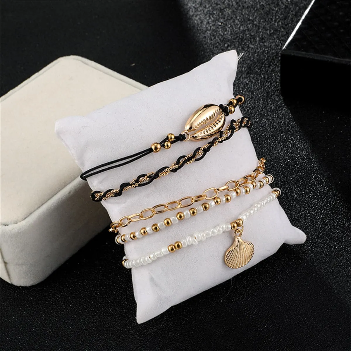 Howlite & Polyster 18K Gold-Plated Shell-Charm Anklet Set