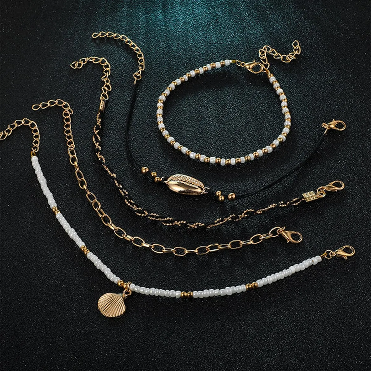 Howlite & Polyster 18K Gold-Plated Shell-Charm Anklet Set