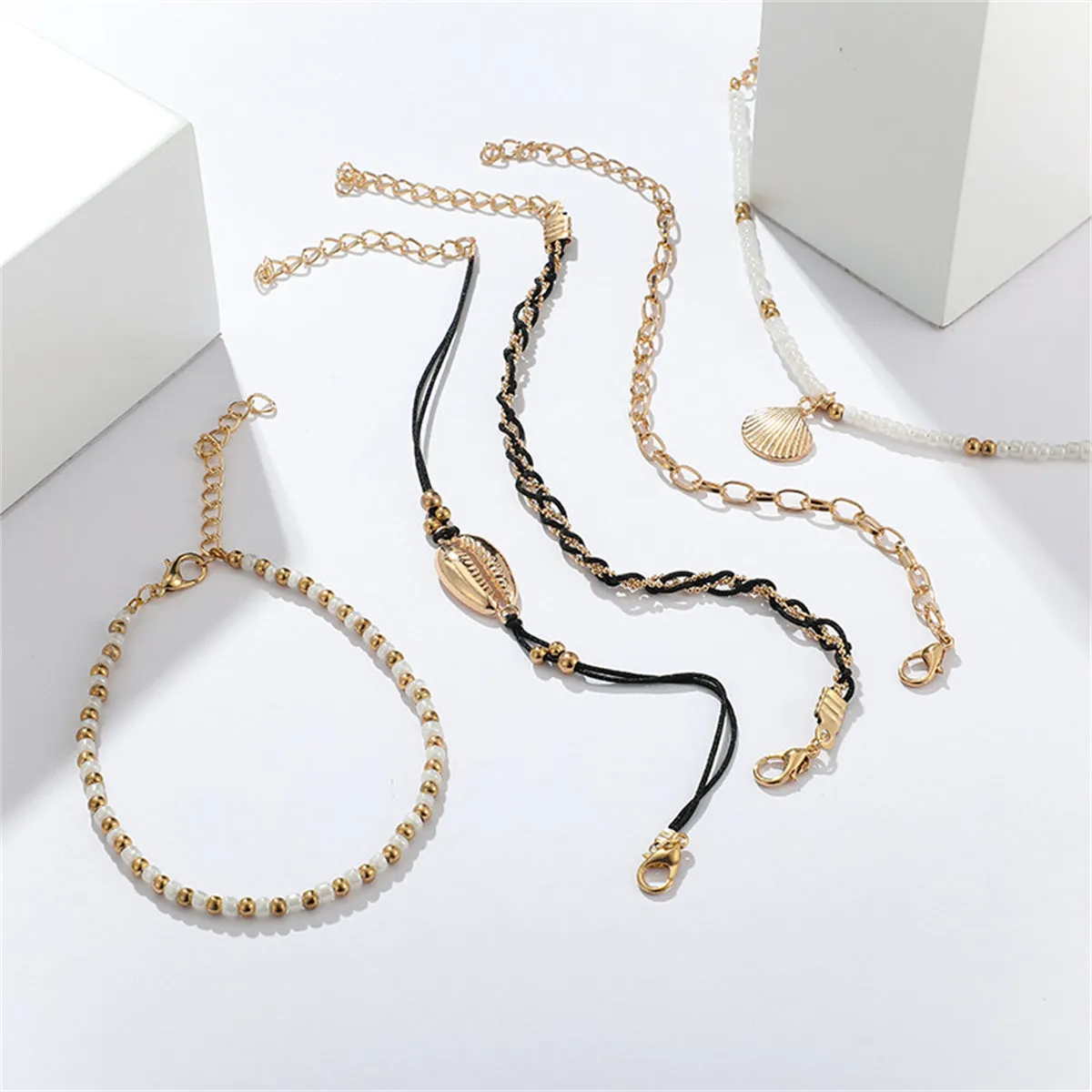 Howlite & Polyster 18K Gold-Plated Shell-Charm Anklet Set