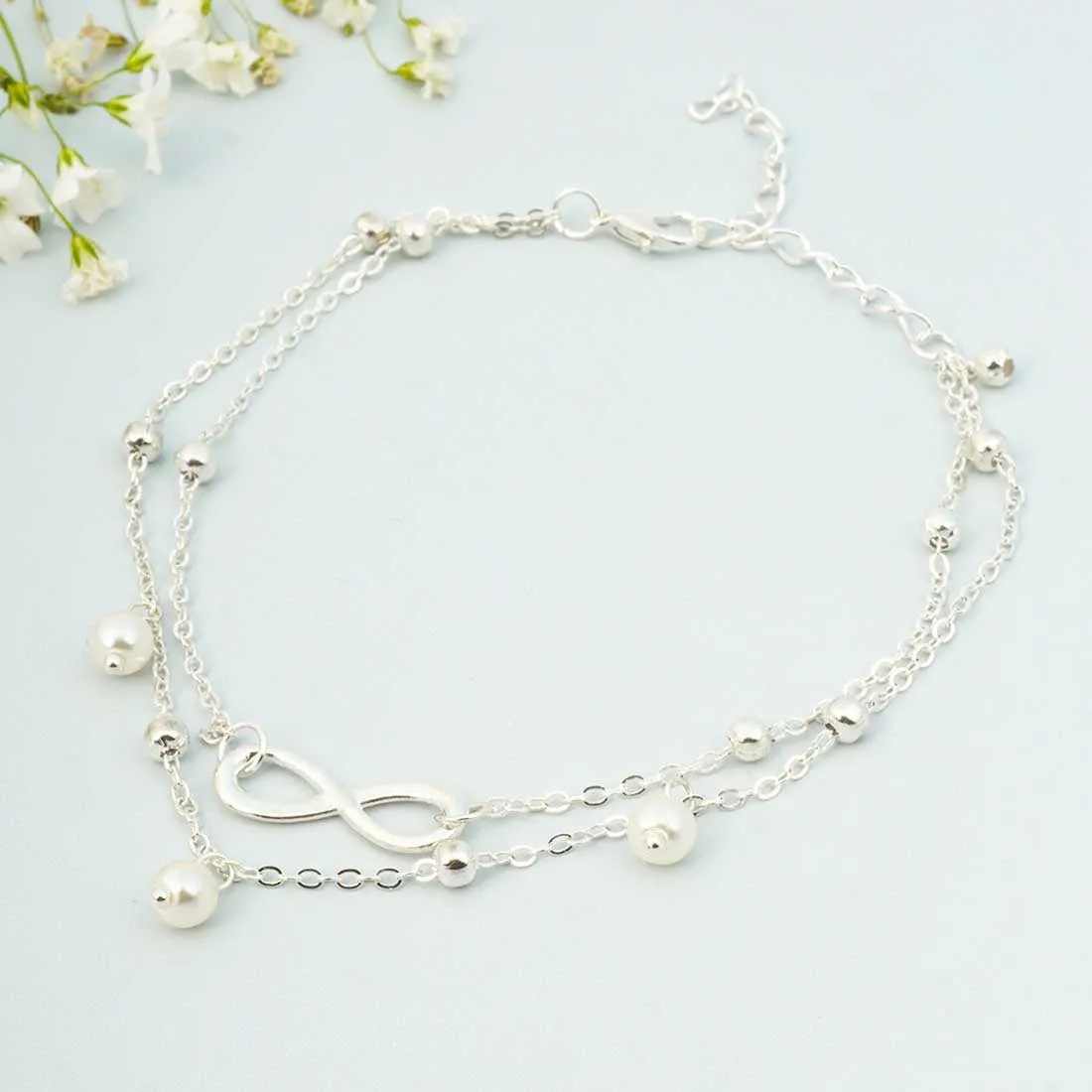 Infinity Beaded Silver Layered Anklet