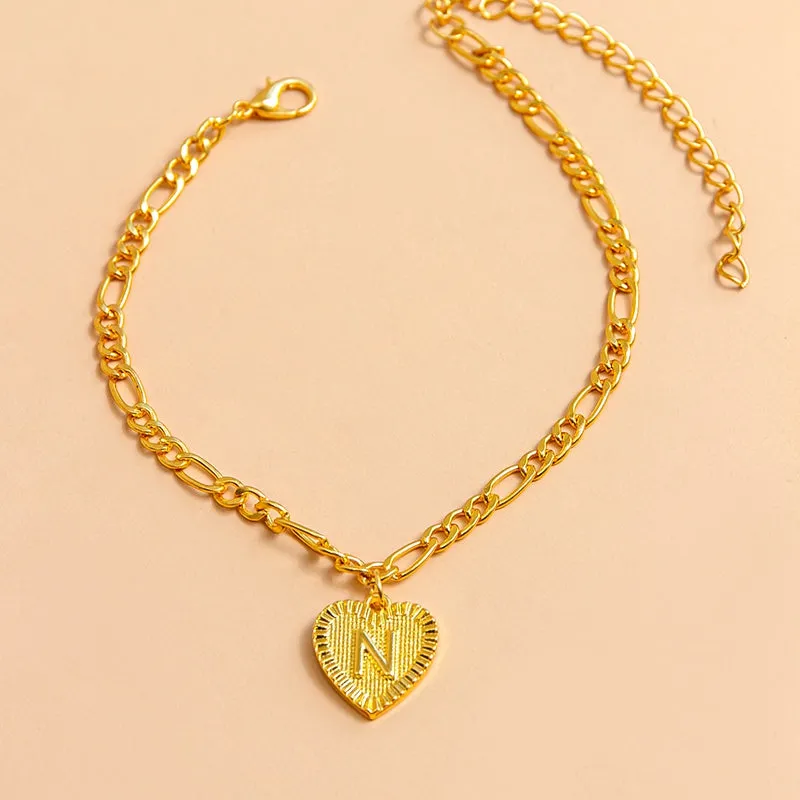 Initial Letter Anklet Gold Color Heart Pendant Foot Bracelets Women