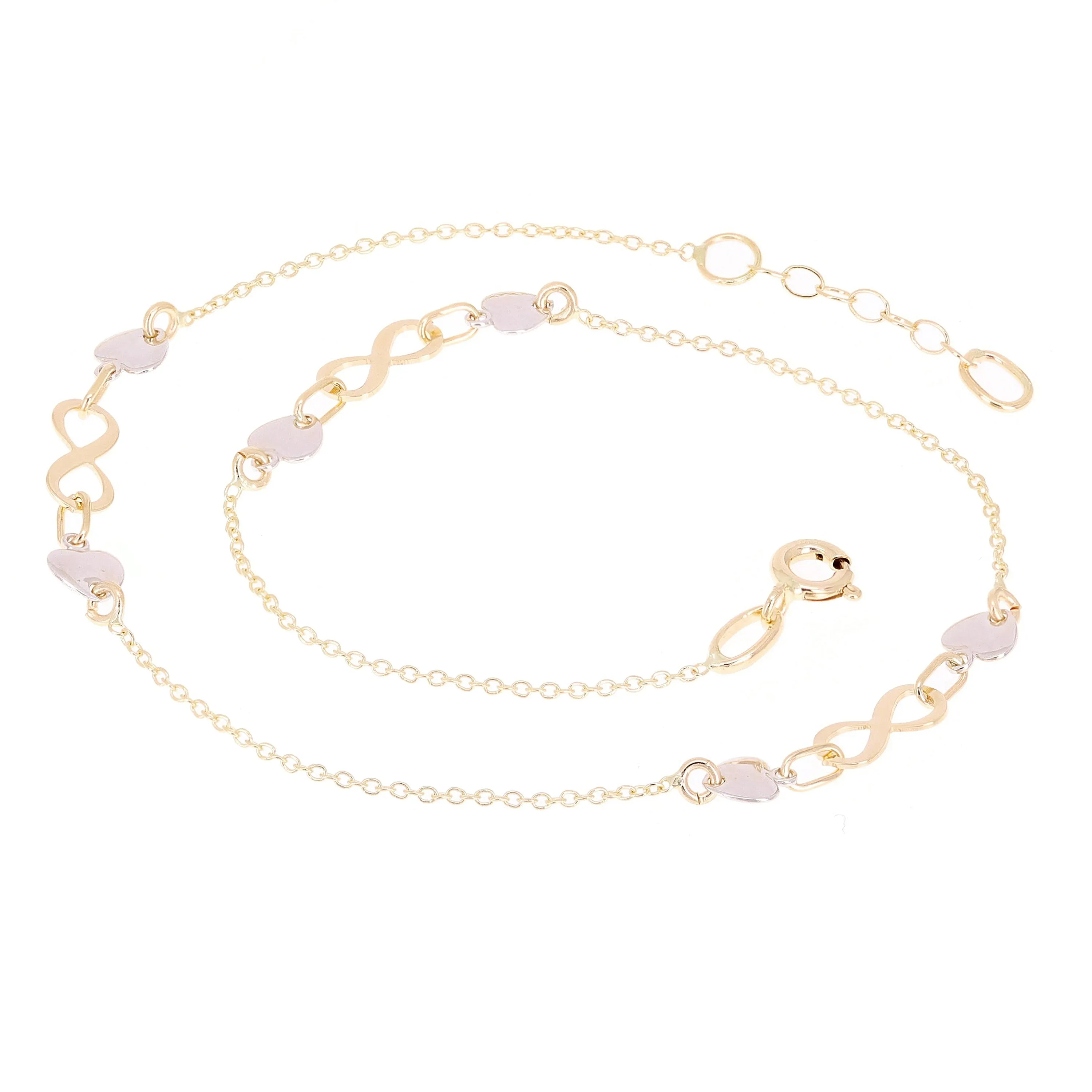 Italian 14k Two Tone Gold Infinity & Heart Link Anklet Bracelet 10" 2 grams