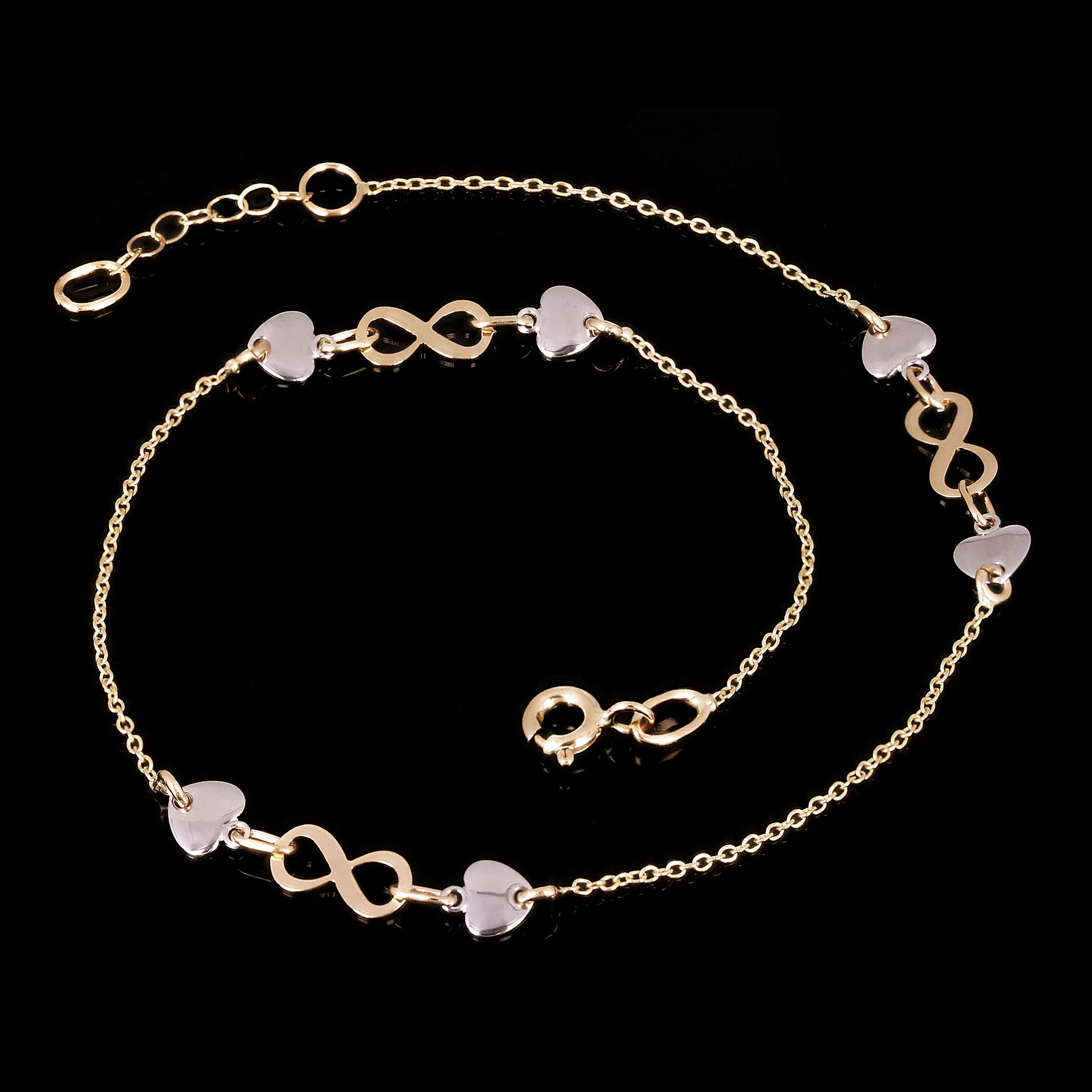 Italian 14k Two Tone Gold Infinity & Heart Link Anklet Bracelet 10" 2 grams