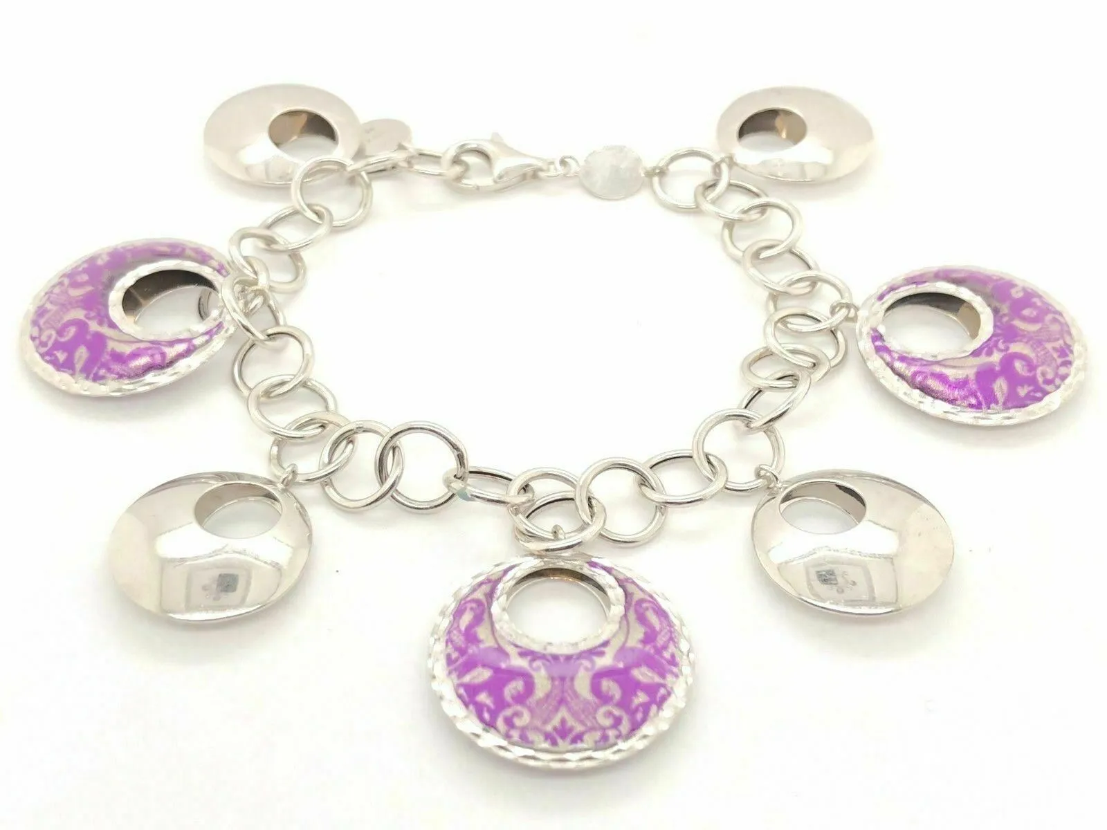 Italian 14k White Gold Fancy Round Charm Bracelet 7.5" 20.9 grams