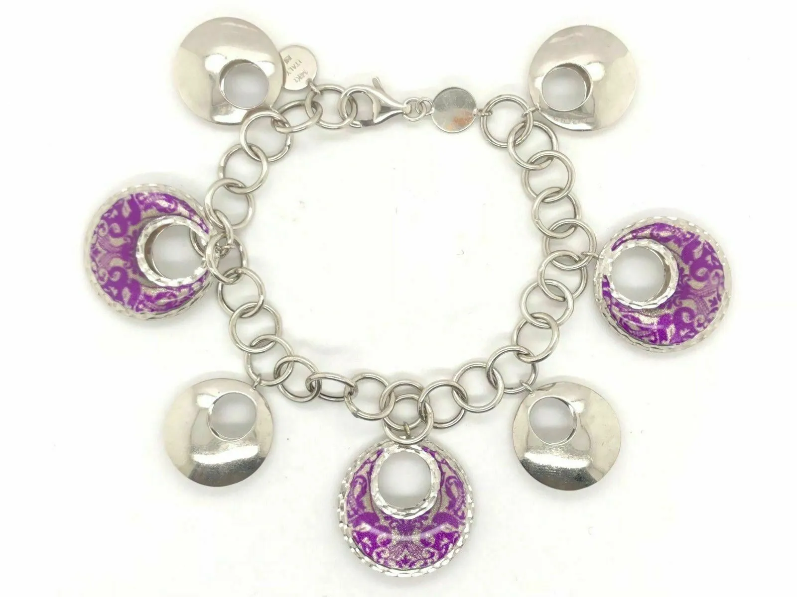 Italian 14k White Gold Fancy Round Charm Bracelet 7.5" 20.9 grams