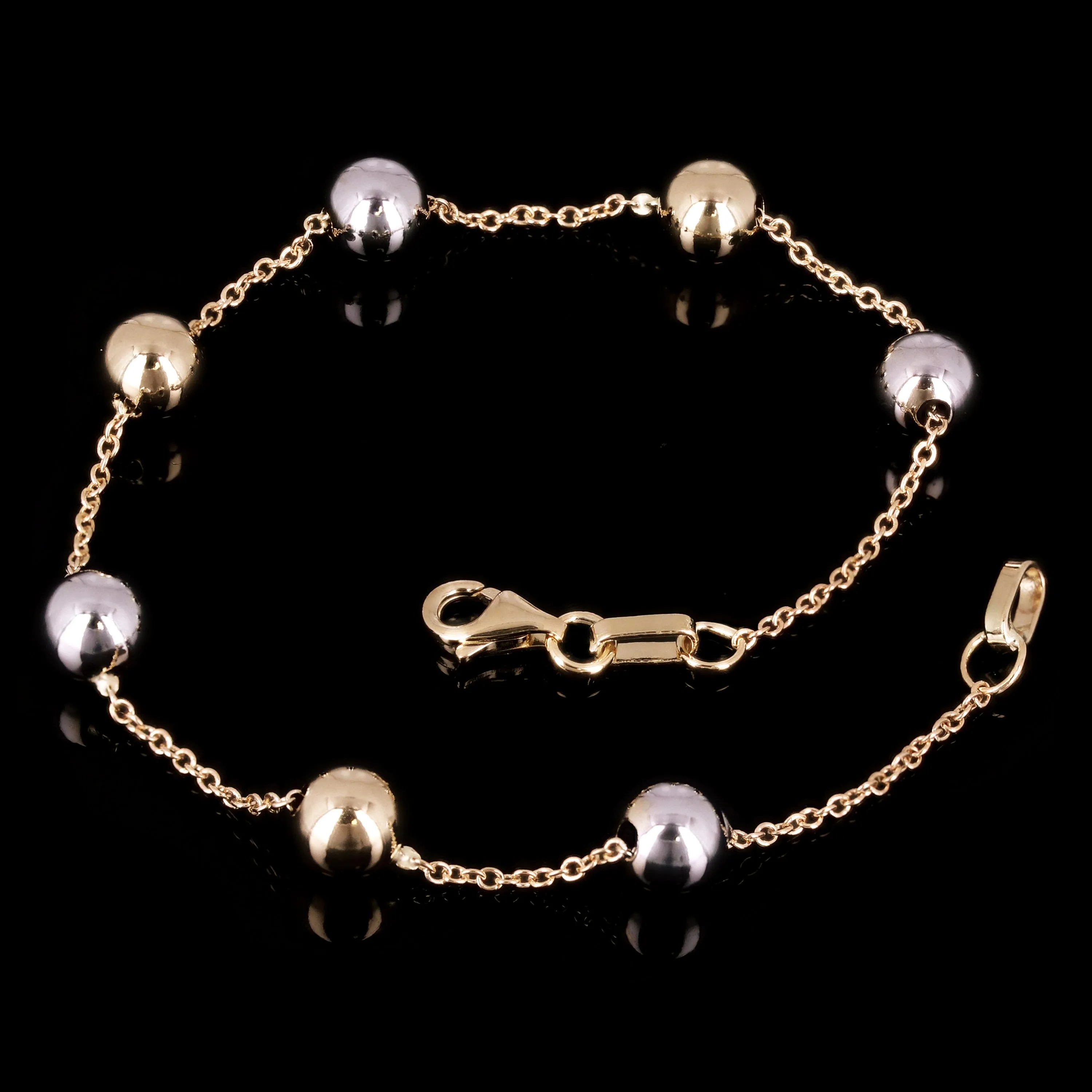 Italian 14k Yellow & White Gold Ball Bead Station Bracelet 7.5" 6mm 2.2 grams