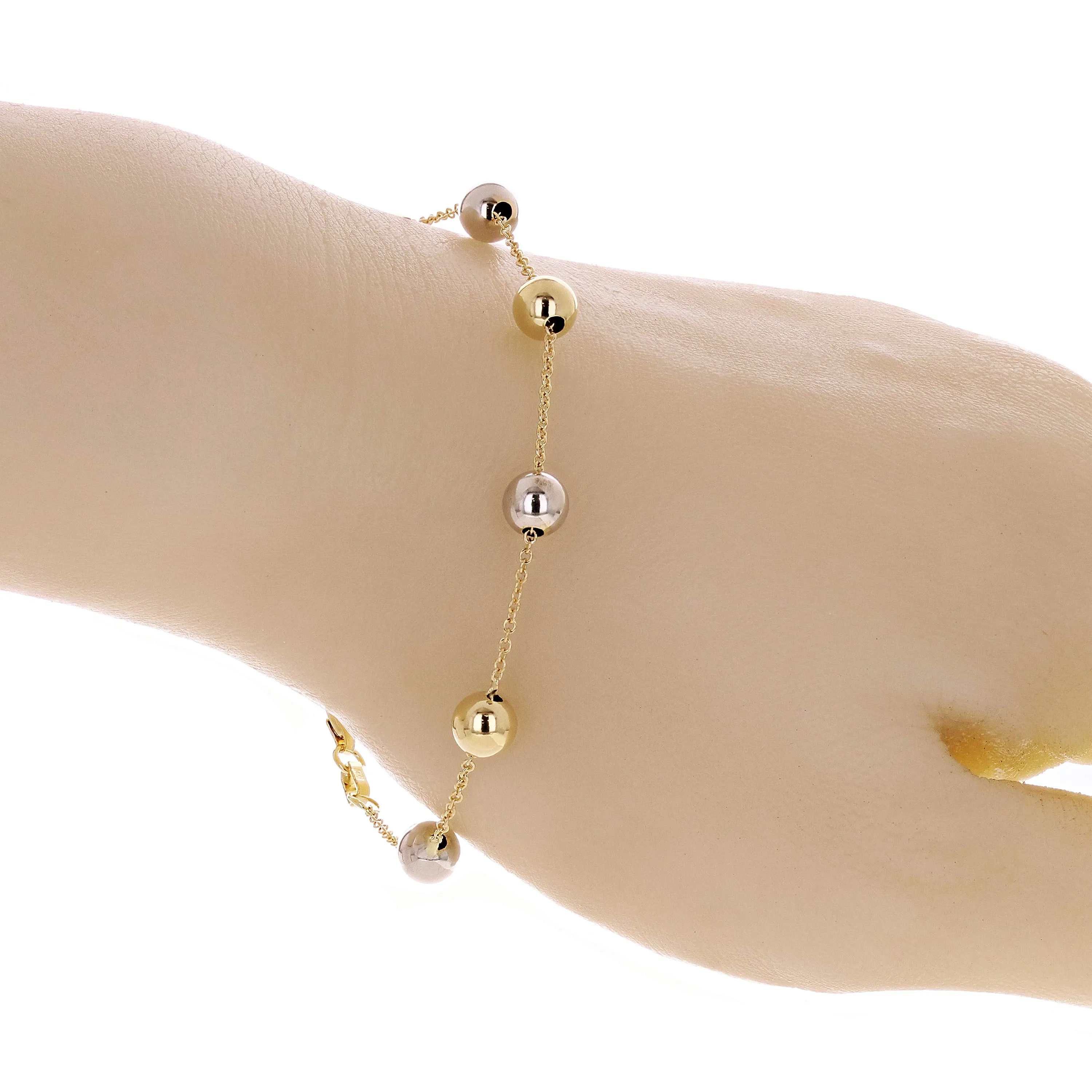 Italian 14k Yellow & White Gold Ball Bead Station Bracelet 7.5" 6mm 2.2 grams