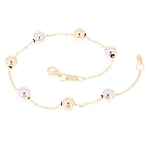 Italian 14k Yellow & White Gold Ball Bead Station Bracelet 7.5" 6mm 2.2 grams