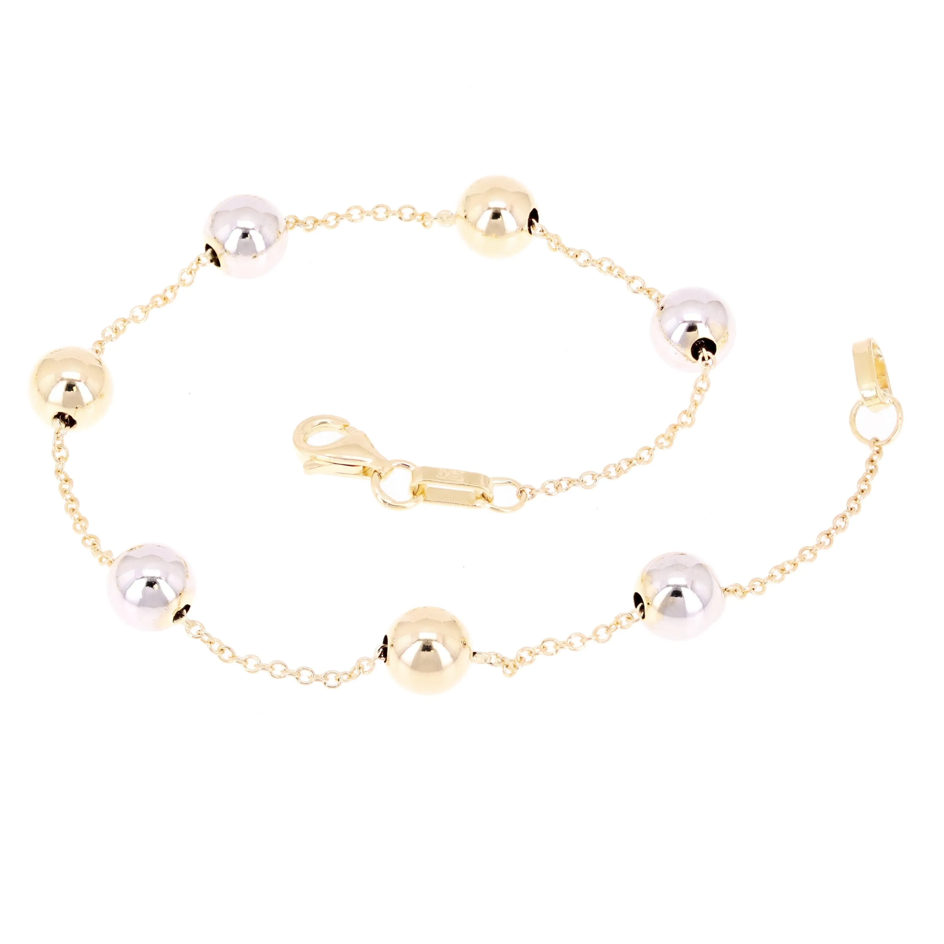 Italian 14k Yellow & White Gold Ball Bead Station Bracelet 7.5" 6mm 2.2 grams