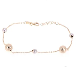Italian 14k Yellow & White Gold Ball Bead Station Chain Bracelet 8mm 8.25" 2gram