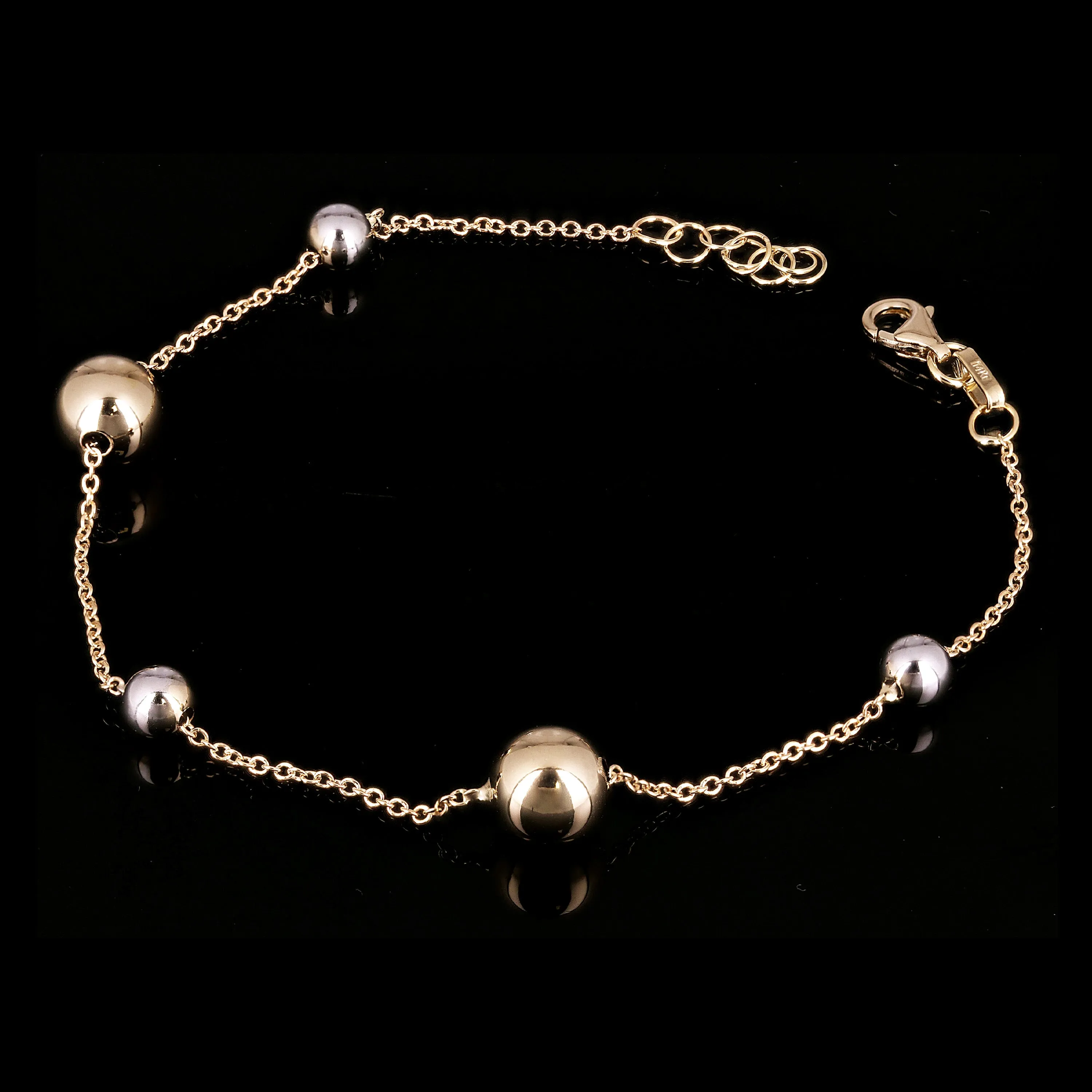 Italian 14k Yellow & White Gold Ball Bead Station Chain Bracelet 8mm 8.25" 2gram
