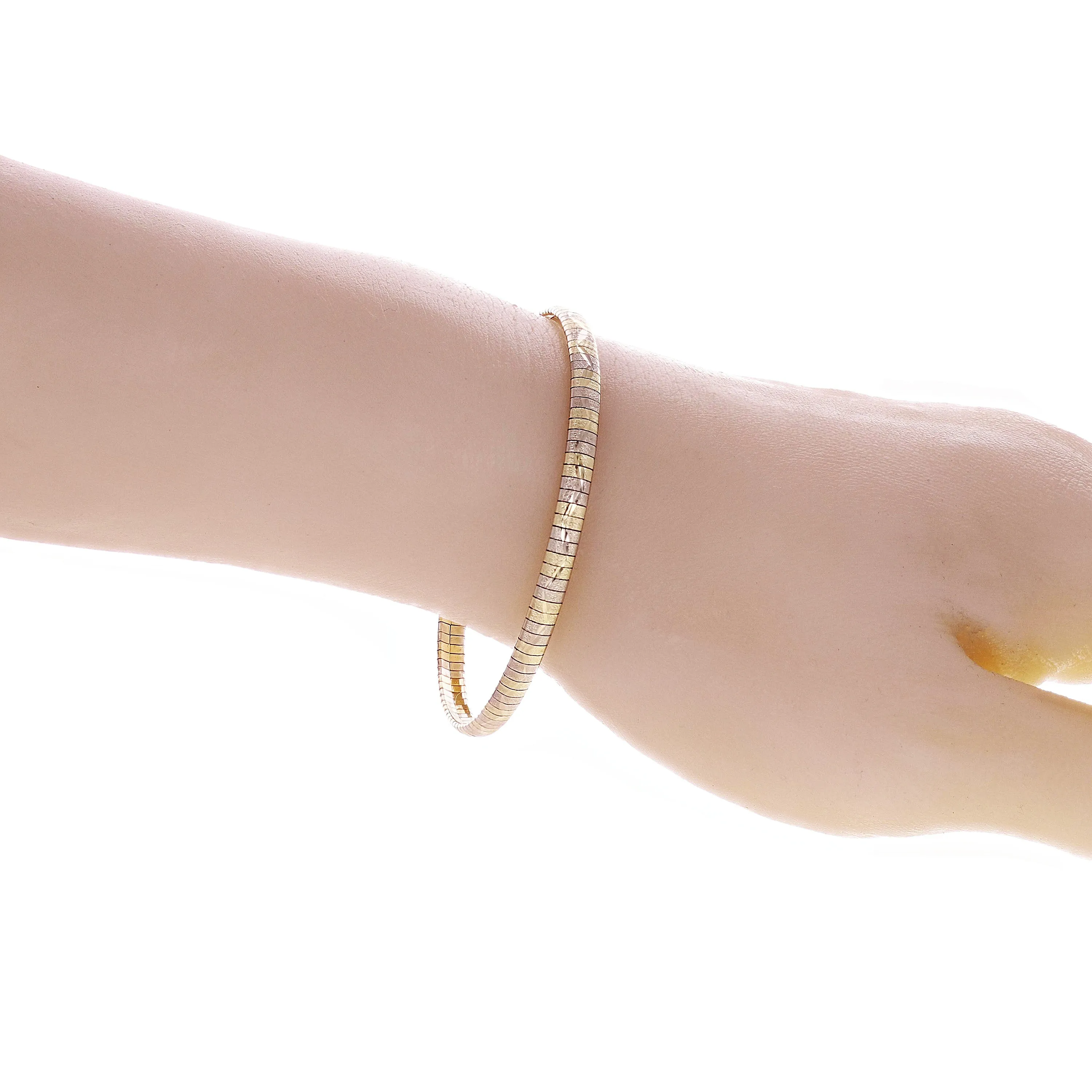 Italian 14k Yellow & White Gold Diamond Cut Omega Bangle Bracelet 7" 4.1mm 9.3g