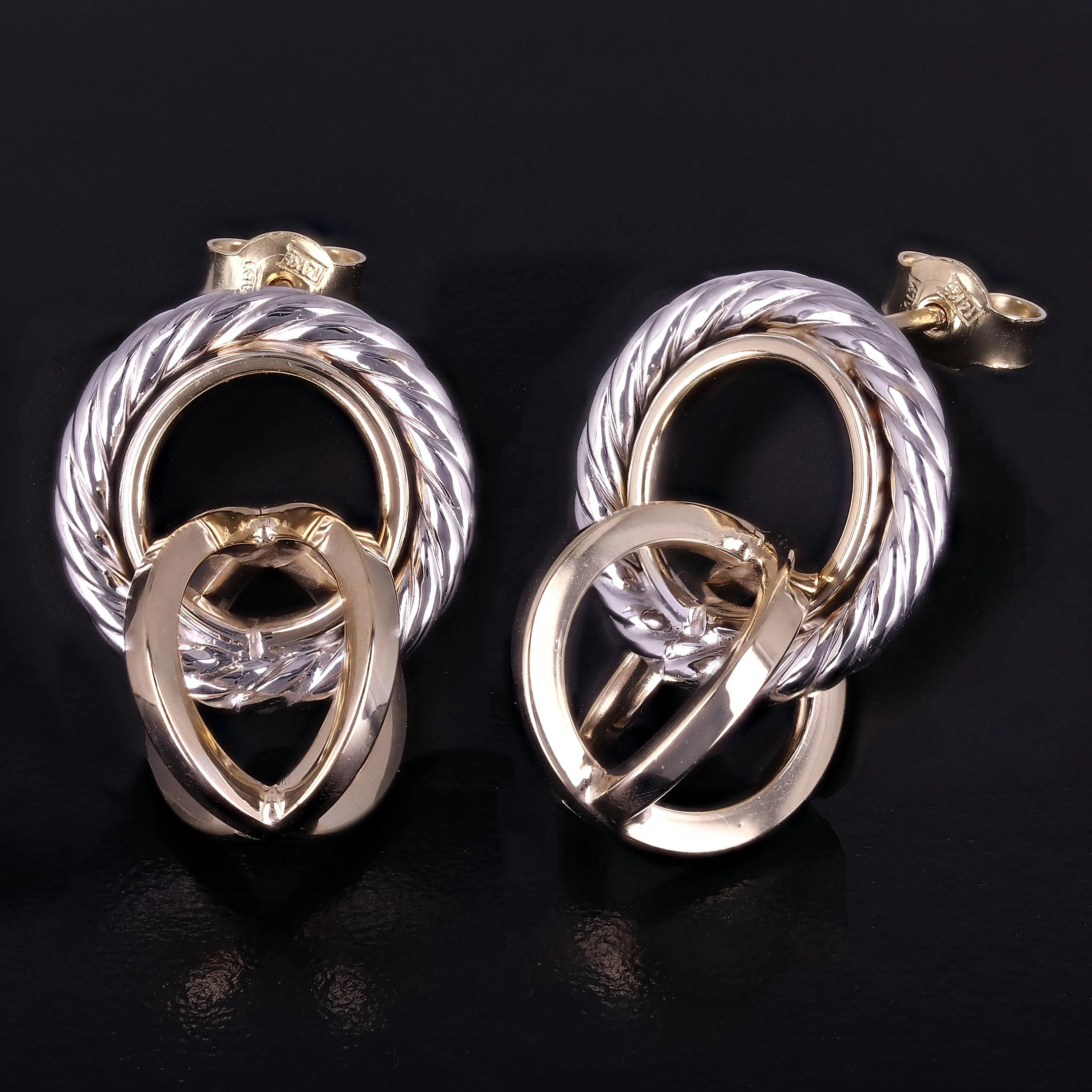 Italian 14k Yellow & White Gold Rope Eternity Circle Love Knot Stud Earrings