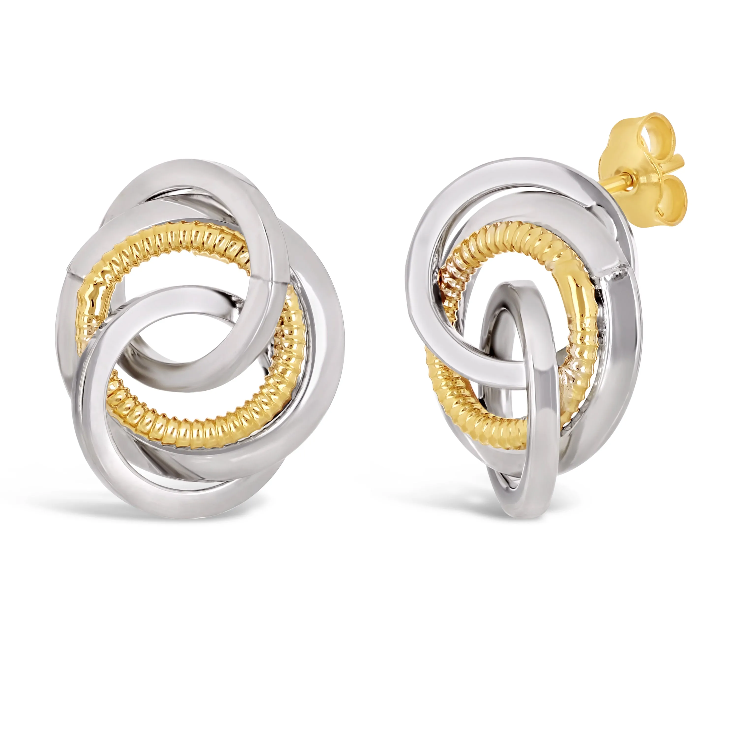 Italian 14k Yellow & White Gold Rope Eternity Circle Love Knot Stud Earrings