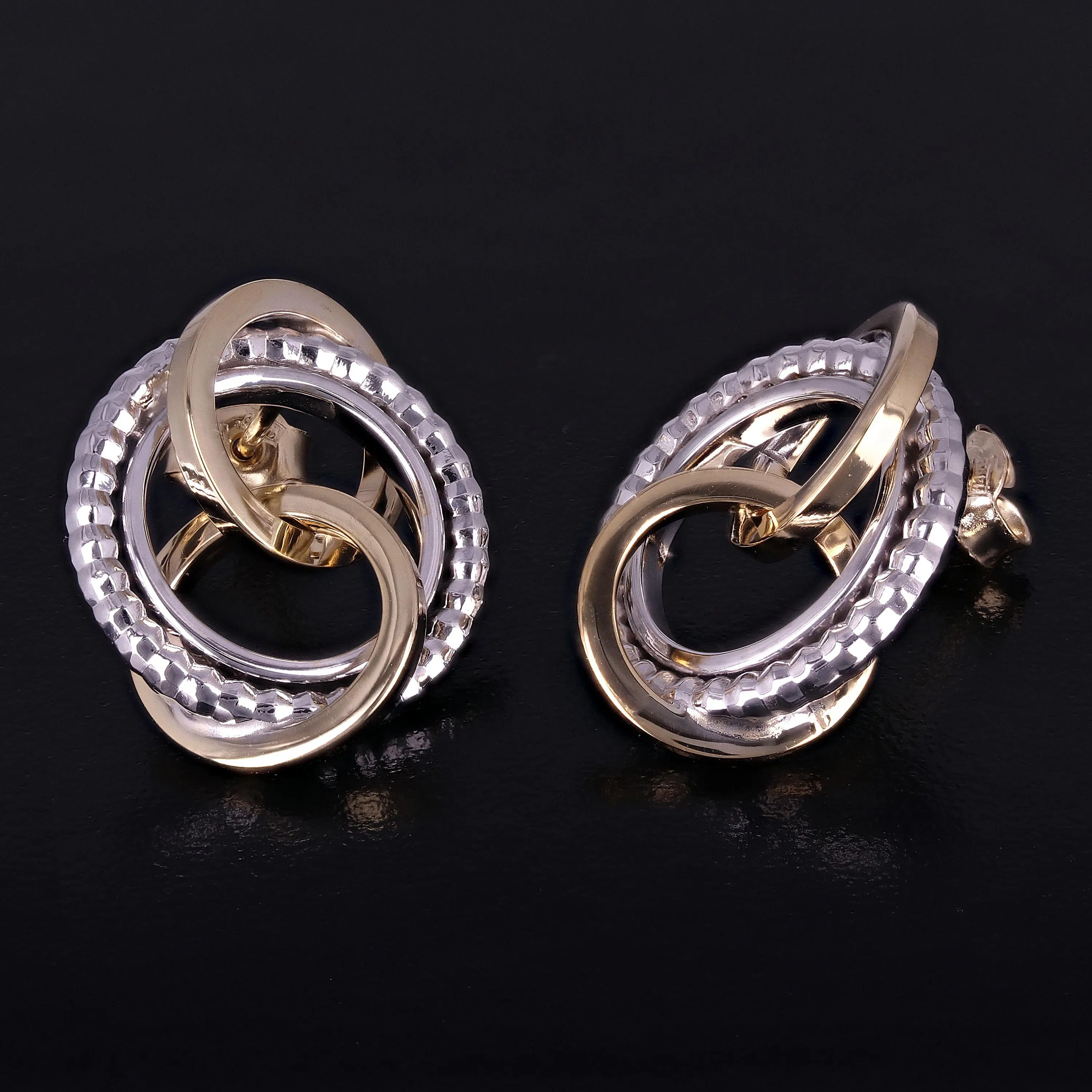 Italian 14k Yellow & White Gold Rope Eternity Circle Love Knot Stud Earrings