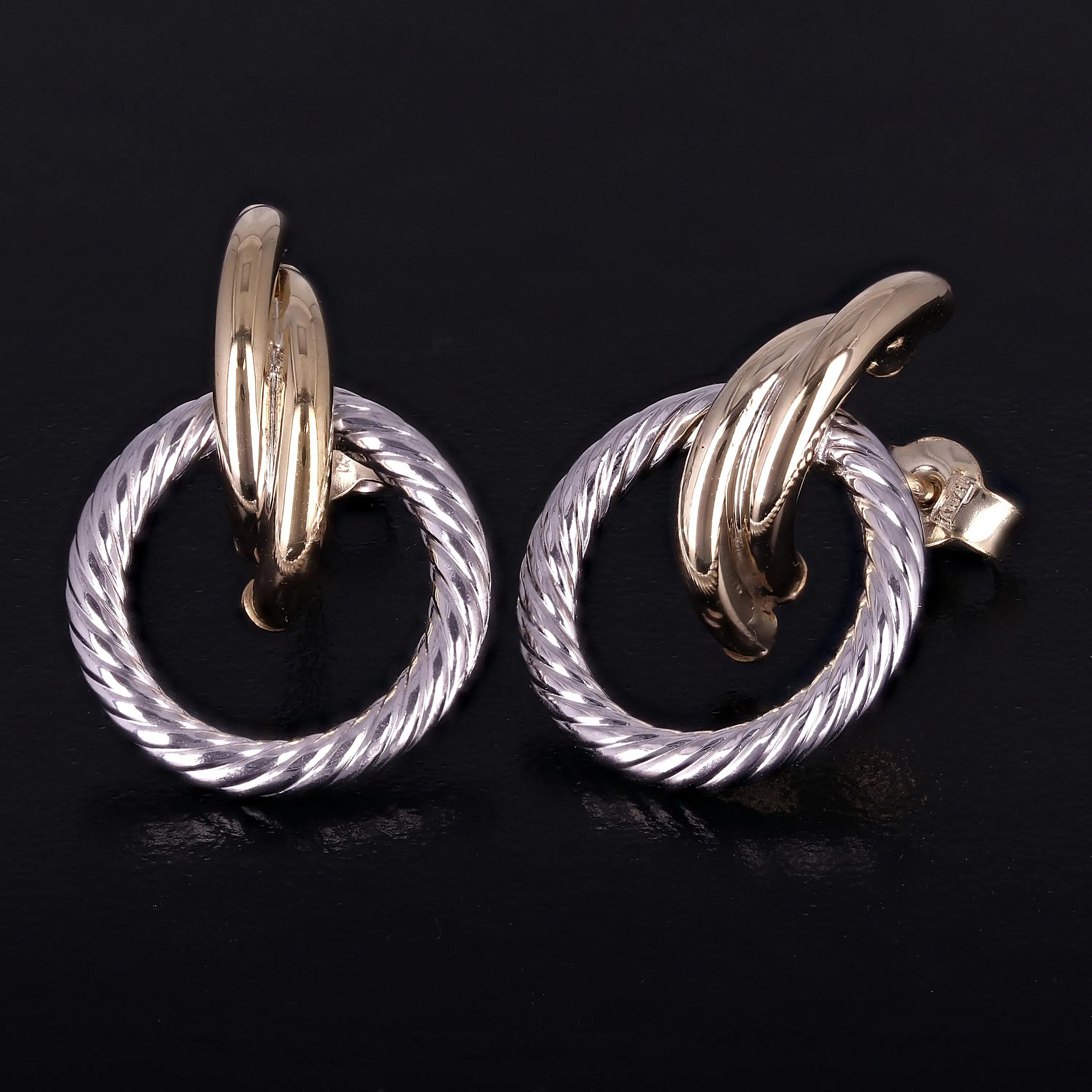 Italian 14k Yellow & White Gold Rope Eternity Circle Love Knot Stud Earrings