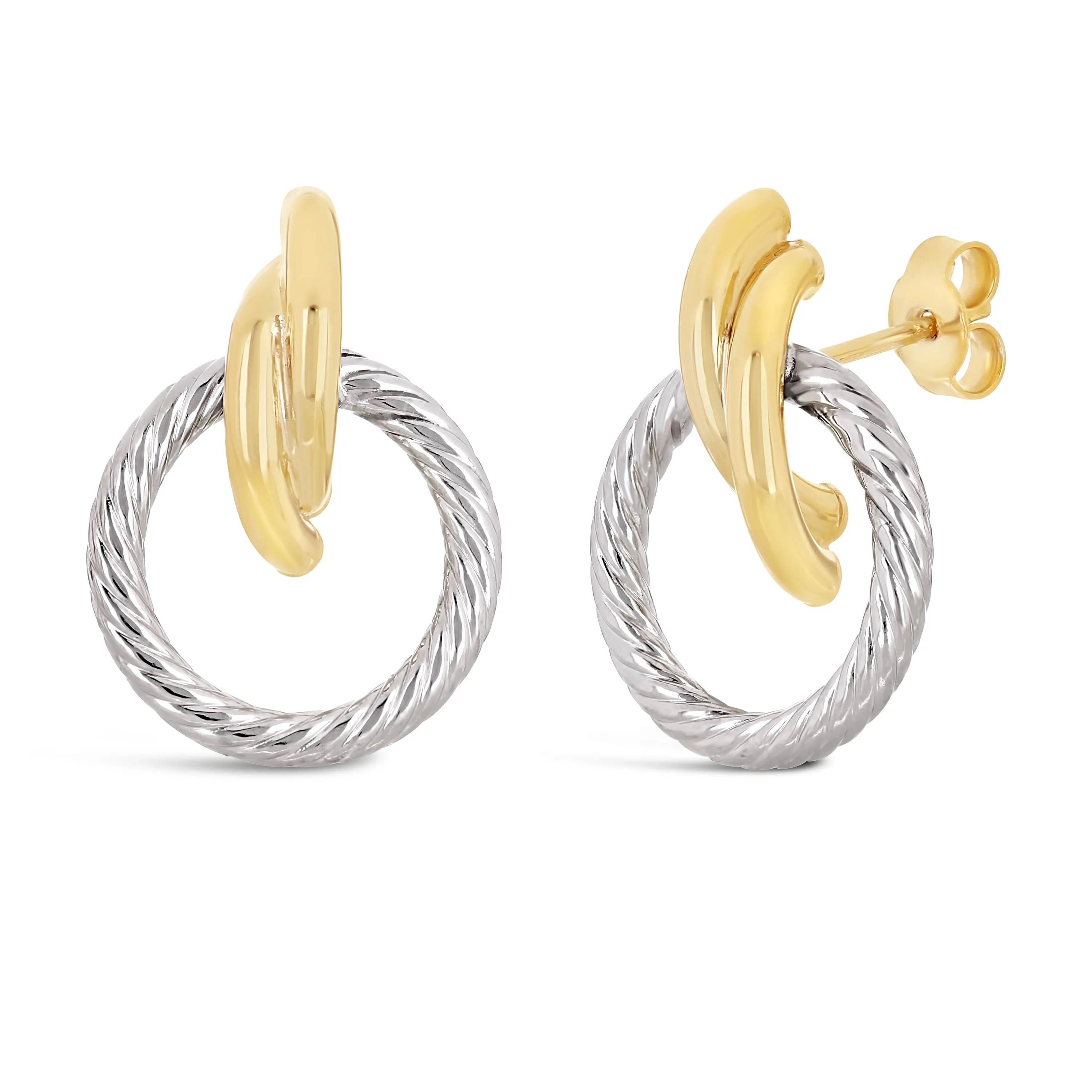 Italian 14k Yellow & White Gold Rope Eternity Circle Love Knot Stud Earrings
