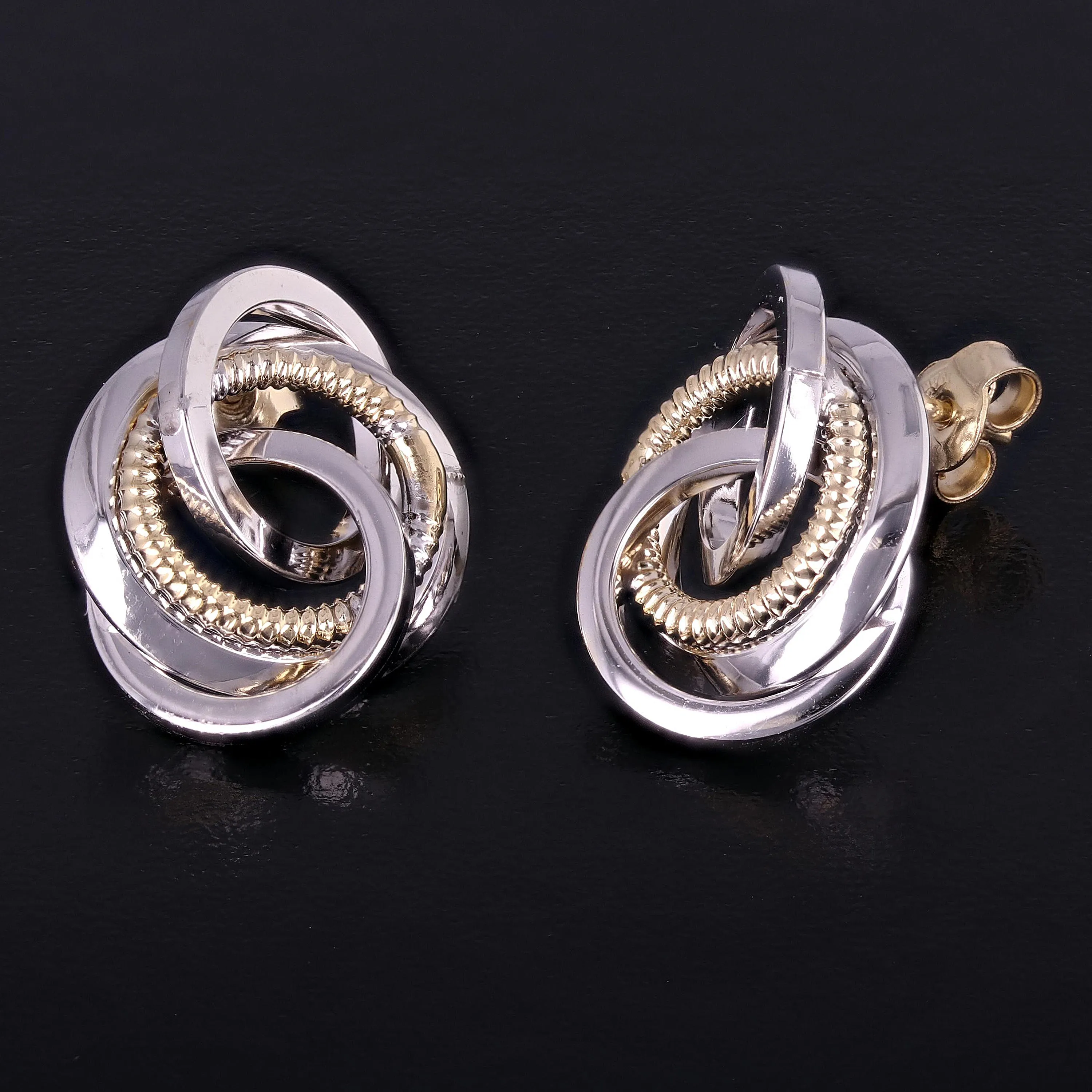 Italian 14k Yellow & White Gold Rope Eternity Circle Love Knot Stud Earrings