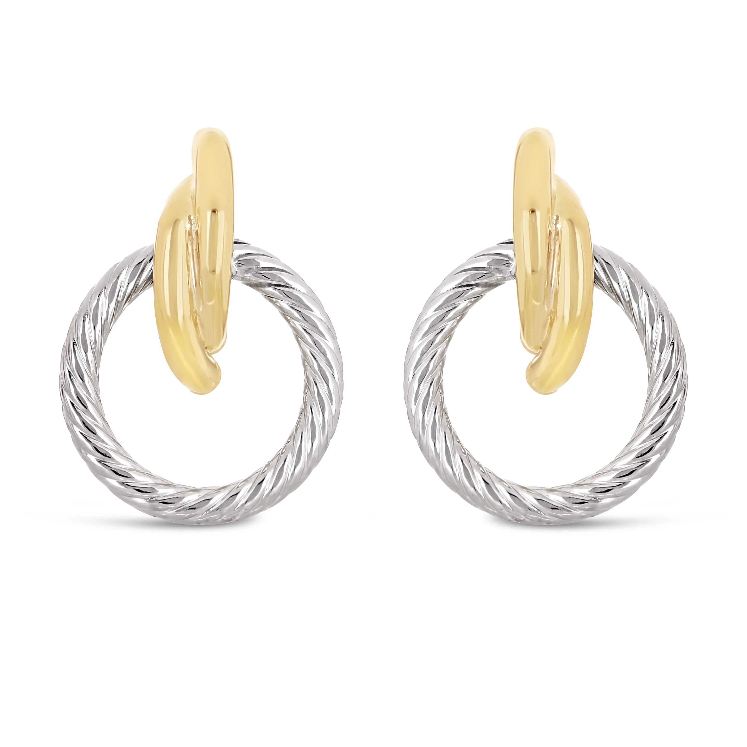 Italian 14k Yellow & White Gold Rope Eternity Circle Love Knot Stud Earrings