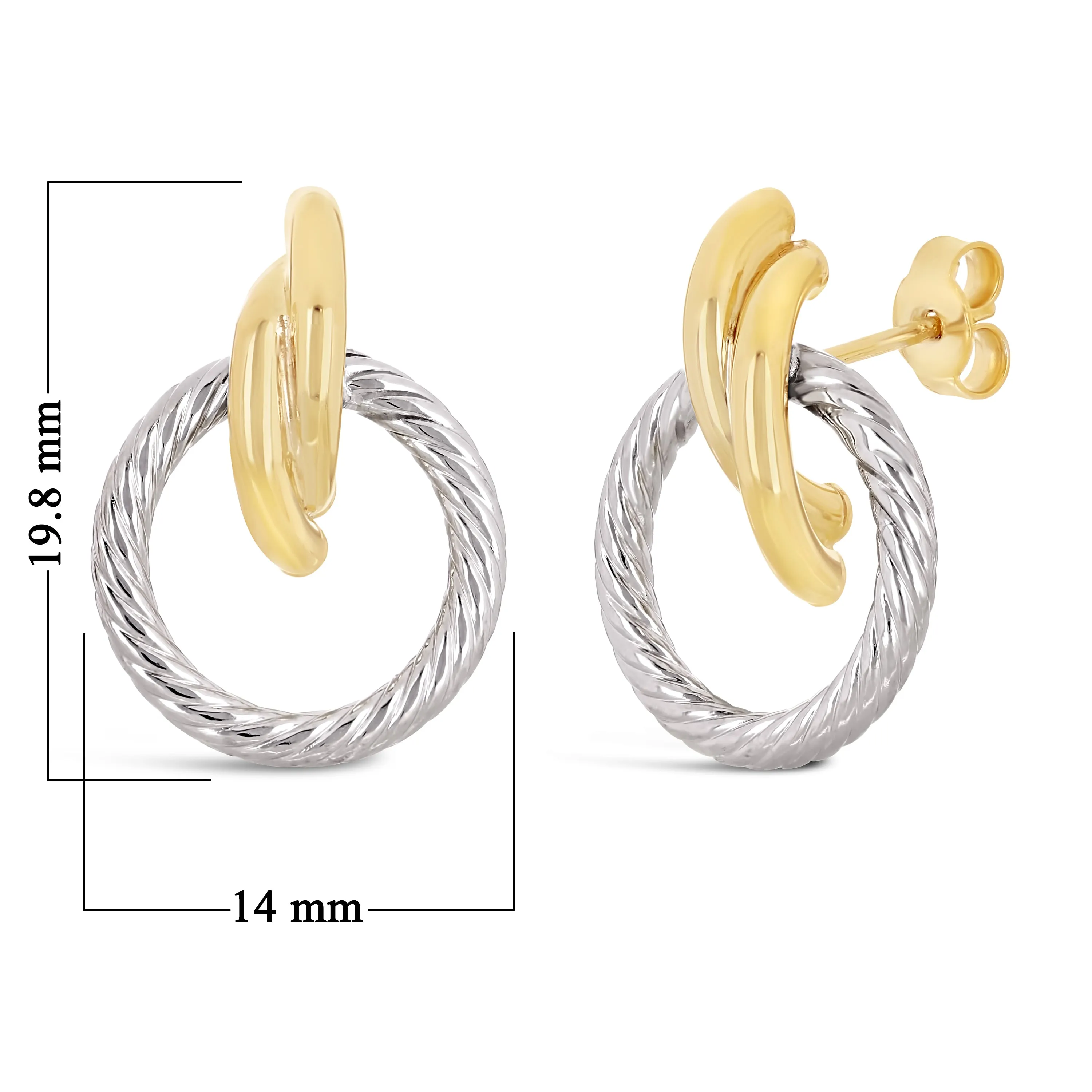 Italian 14k Yellow & White Gold Rope Eternity Circle Love Knot Stud Earrings