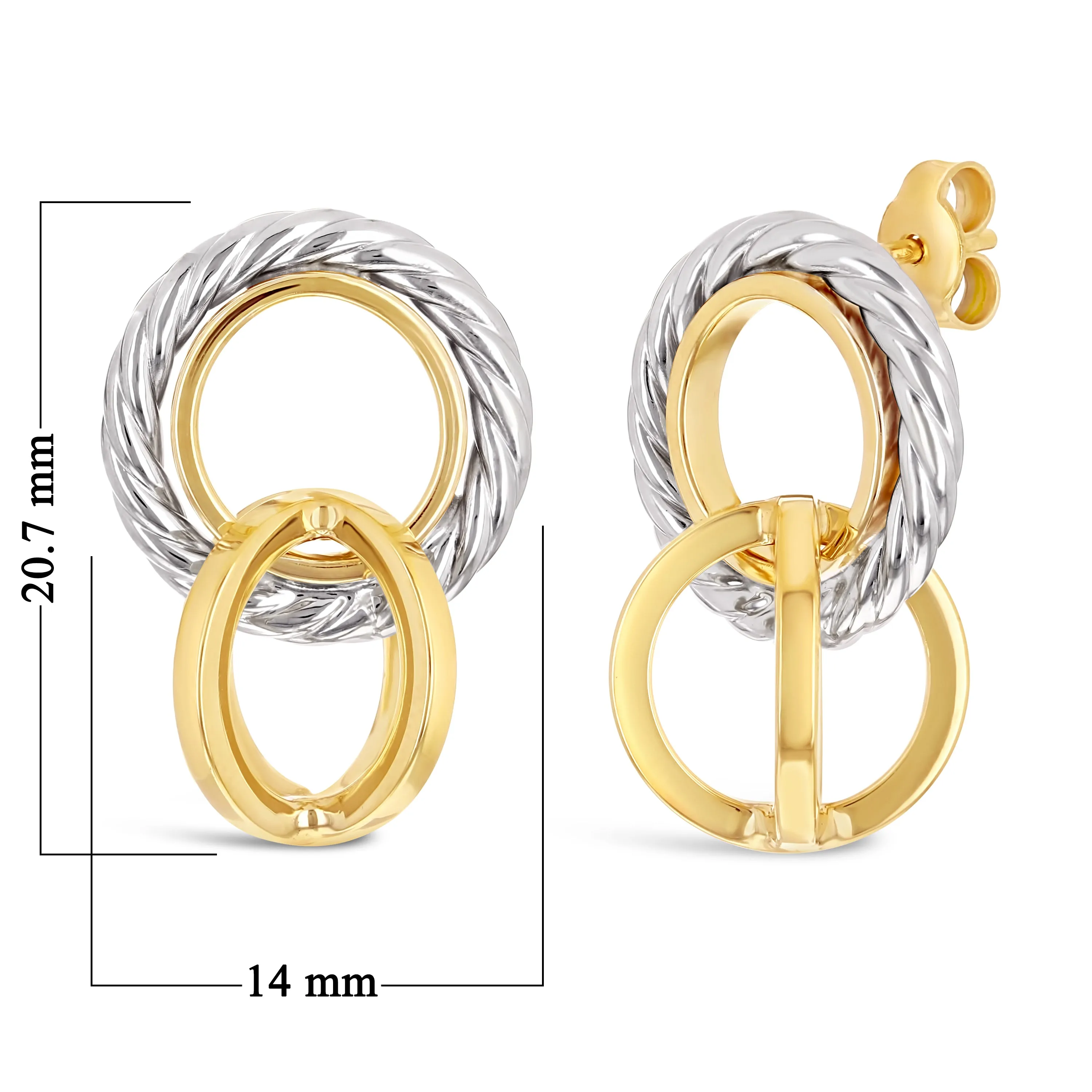 Italian 14k Yellow & White Gold Rope Eternity Circle Love Knot Stud Earrings
