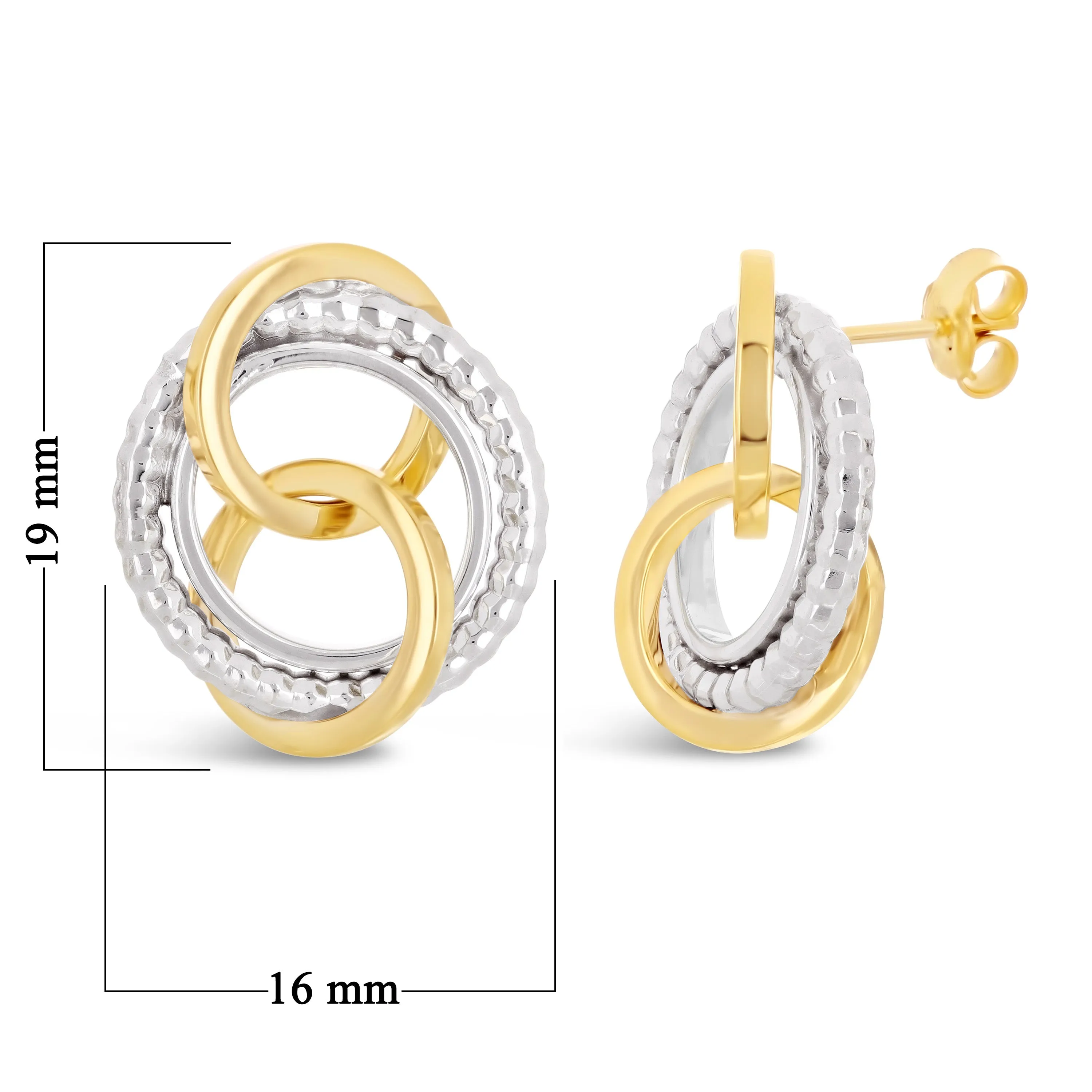 Italian 14k Yellow & White Gold Rope Eternity Circle Love Knot Stud Earrings