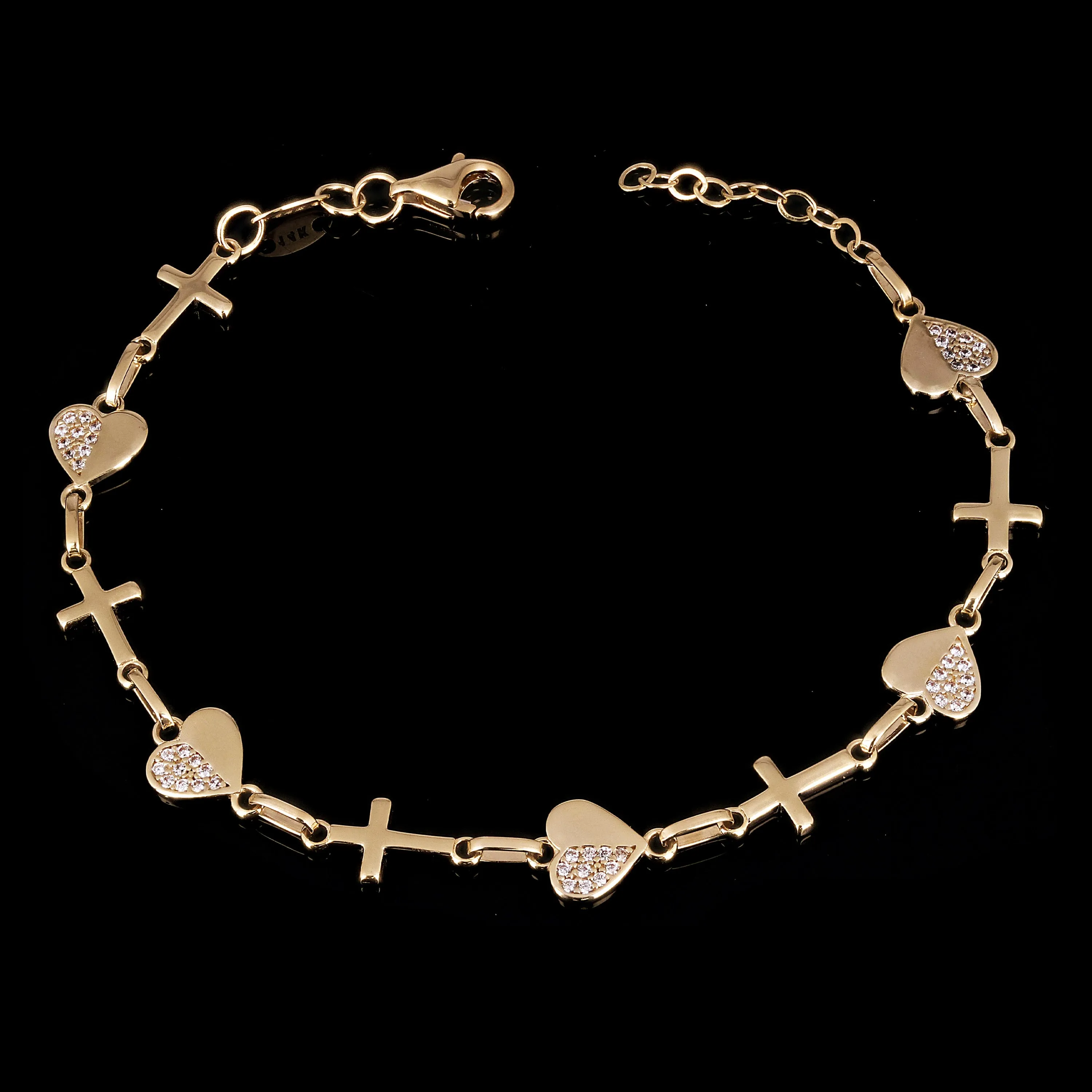 Italian 14k Yellow Gold Heart & Cross Link Chain Bracelet 7.5" 7.5mm 4.3 grams