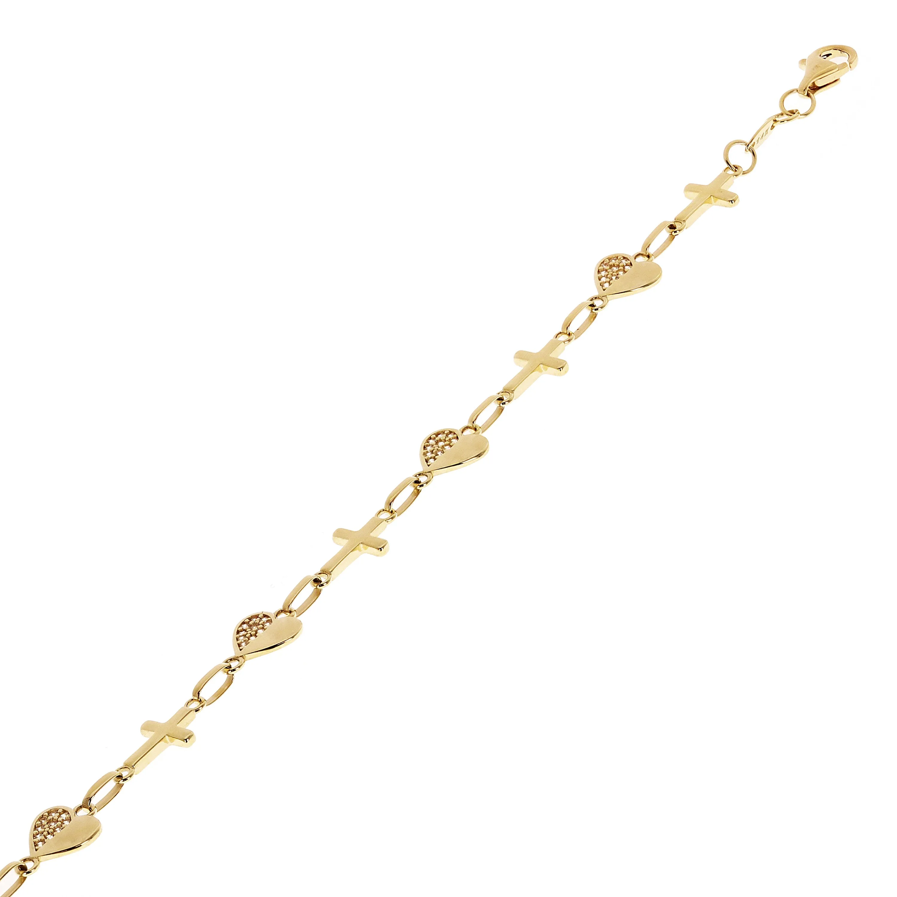 Italian 14k Yellow Gold Heart & Cross Link Chain Bracelet 7.5" 7.5mm 4.3 grams
