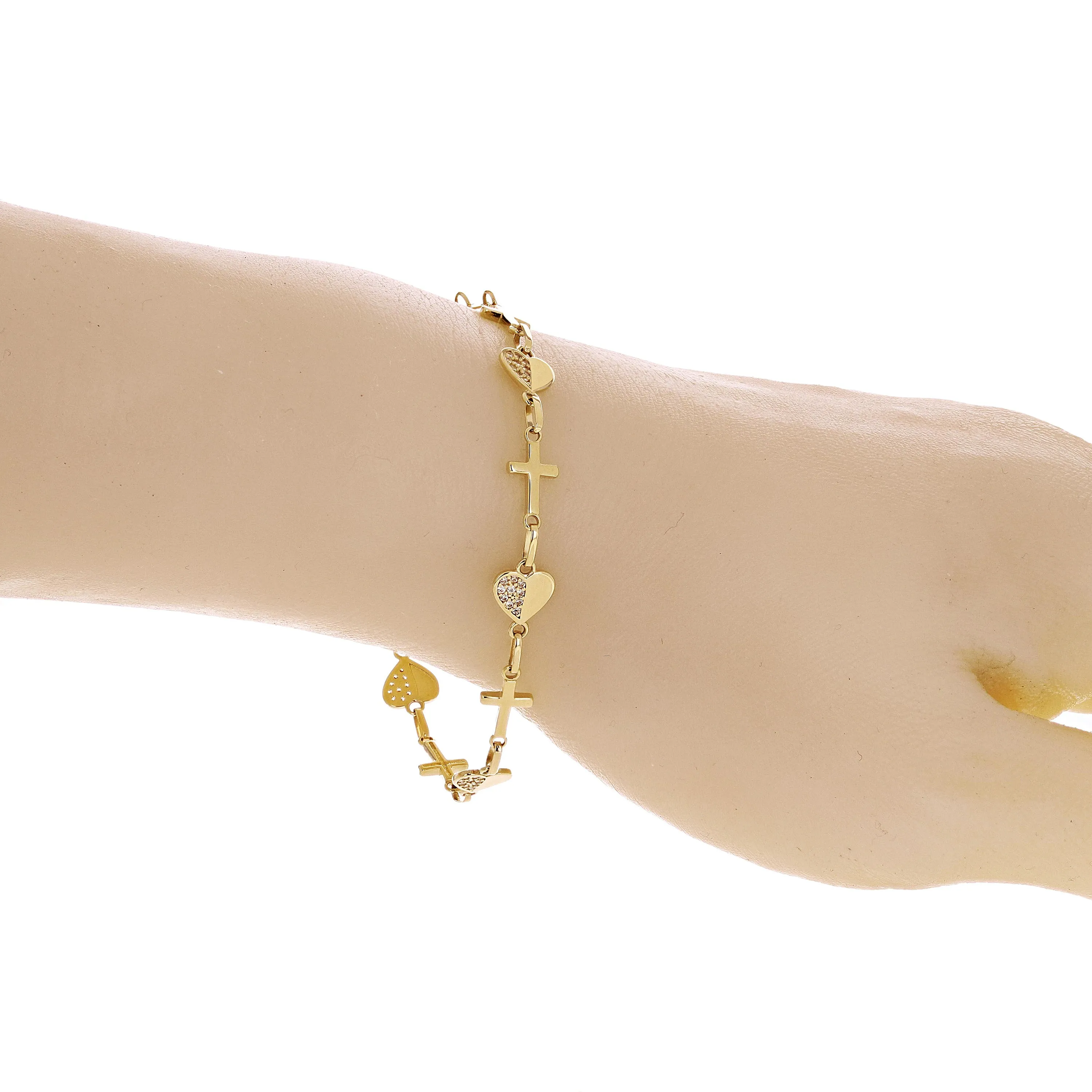 Italian 14k Yellow Gold Heart & Cross Link Chain Bracelet 7.5" 7.5mm 4.3 grams