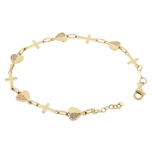 Italian 14k Yellow Gold Heart & Cross Link Chain Bracelet 7.5" 7.5mm 4.3 grams
