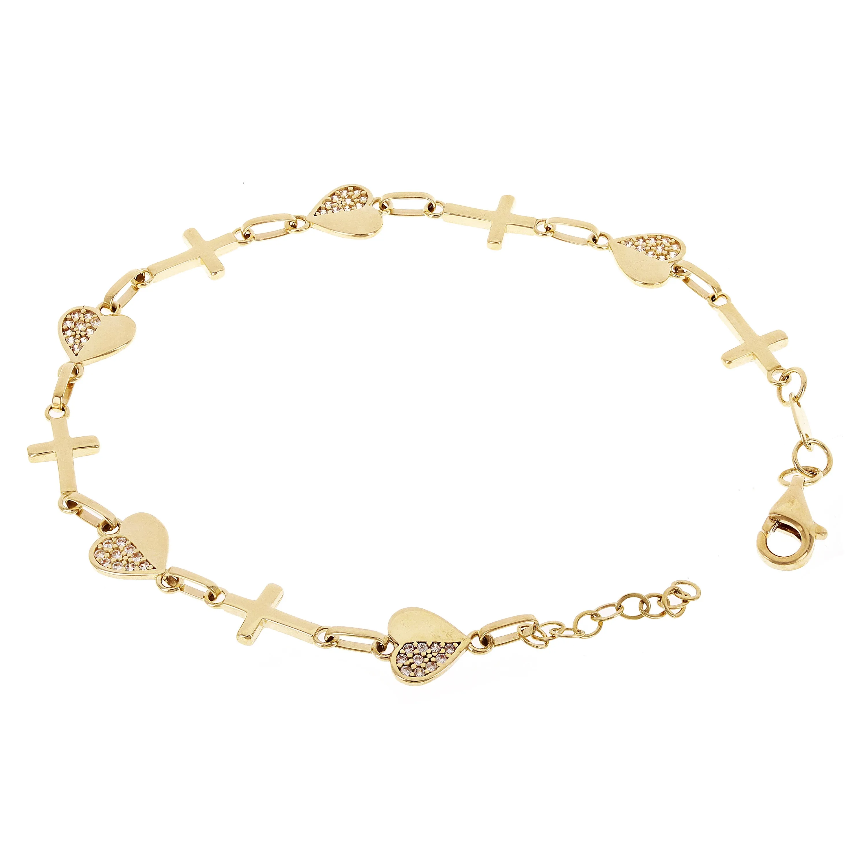 Italian 14k Yellow Gold Heart & Cross Link Chain Bracelet 7.5" 7.5mm 4.3 grams