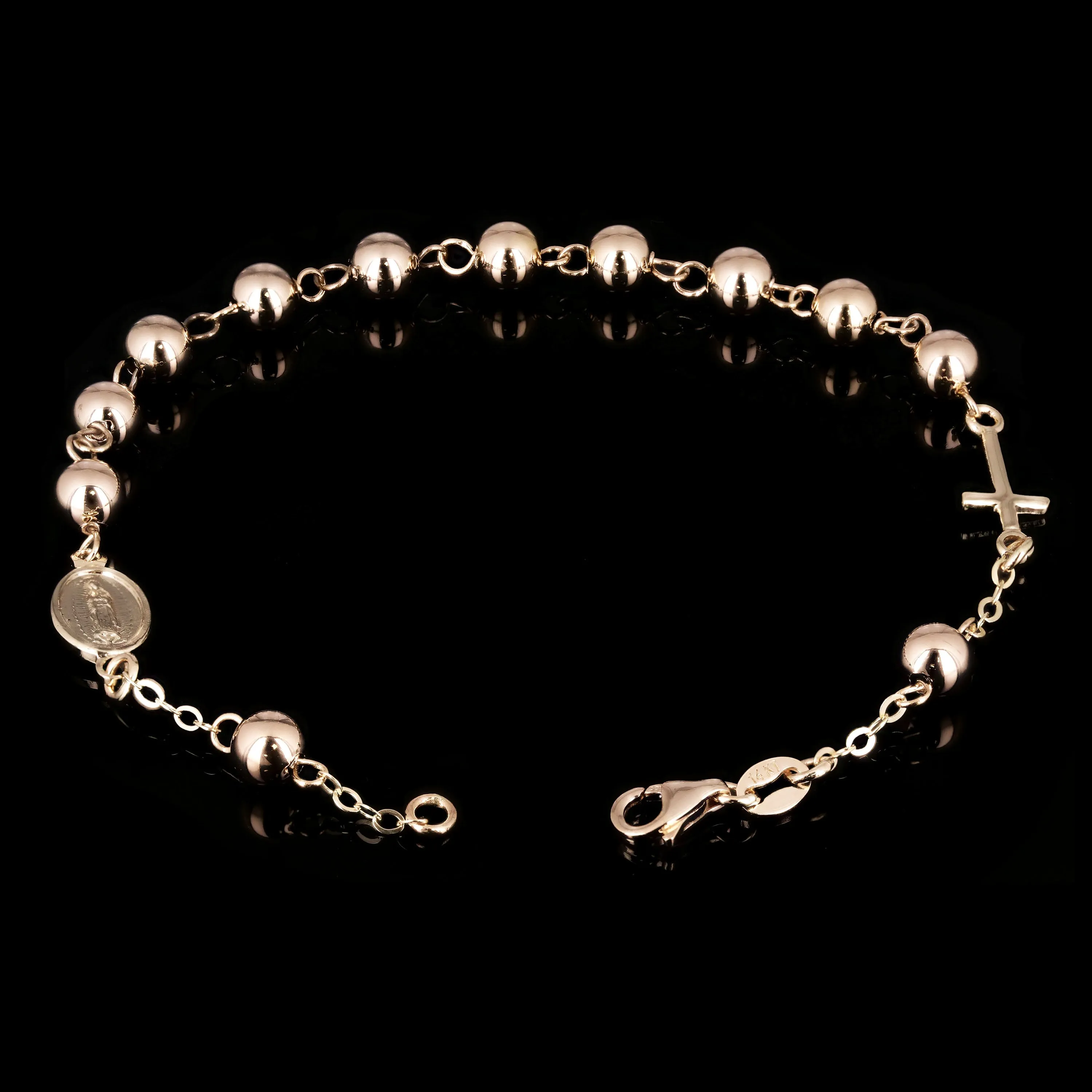 Italian 14k Yellow Gold Miraculous Medal Charm Rosary Bracelet 7.5" 5mm 3.5grams