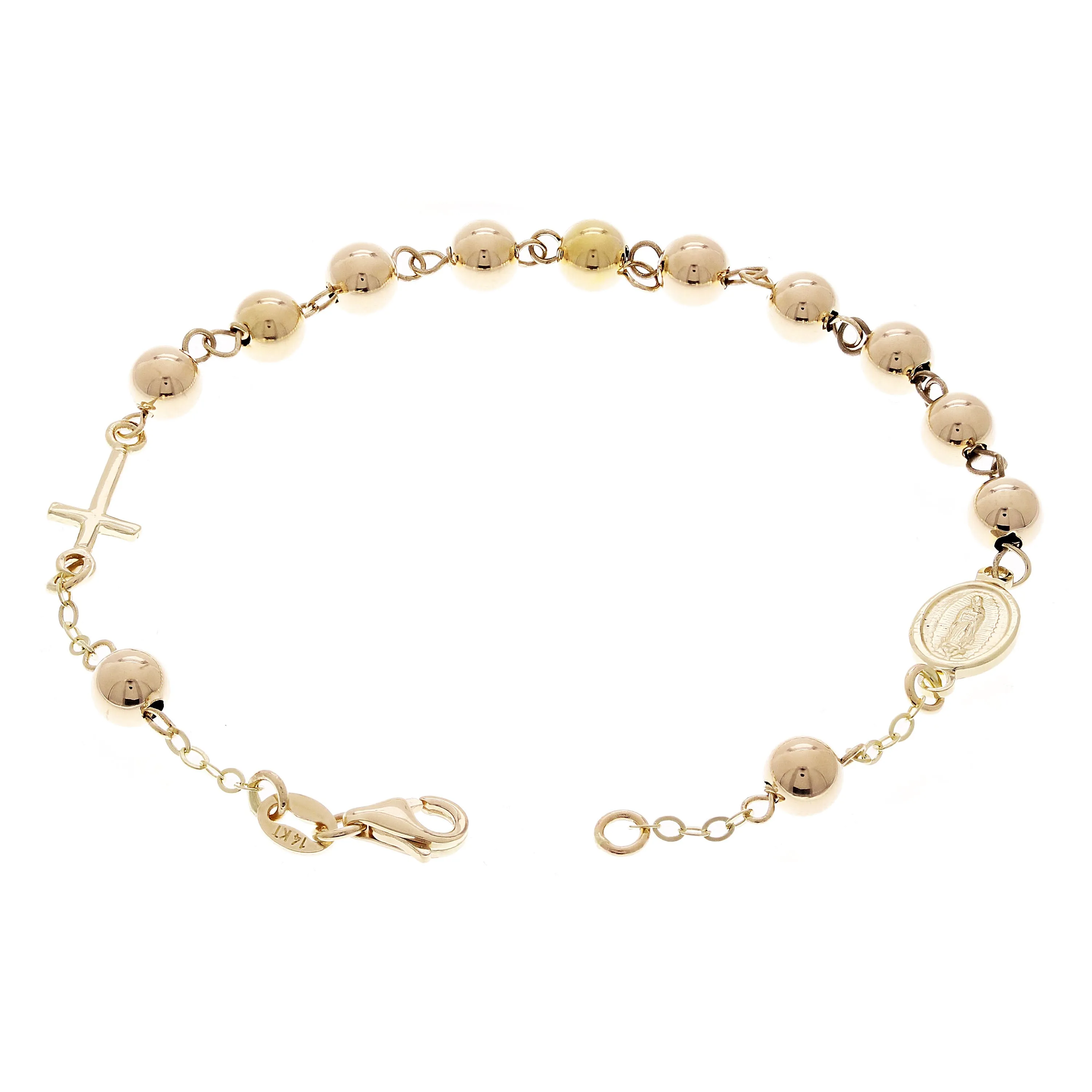 Italian 14k Yellow Gold Miraculous Medal Charm Rosary Bracelet 7.5" 5mm 3.5grams