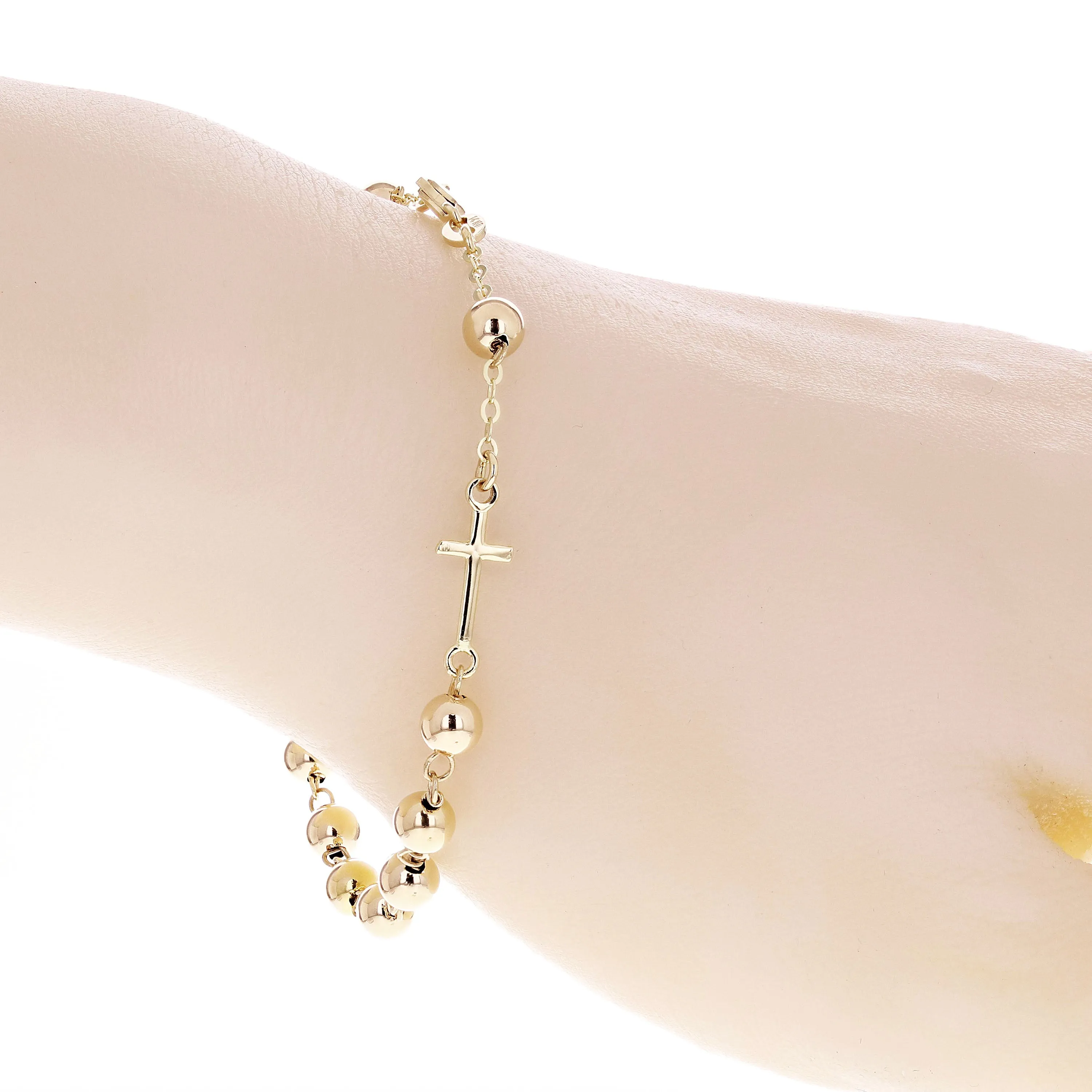 Italian 14k Yellow Gold Miraculous Medal Charm Rosary Bracelet 7.5" 5mm 3.5grams