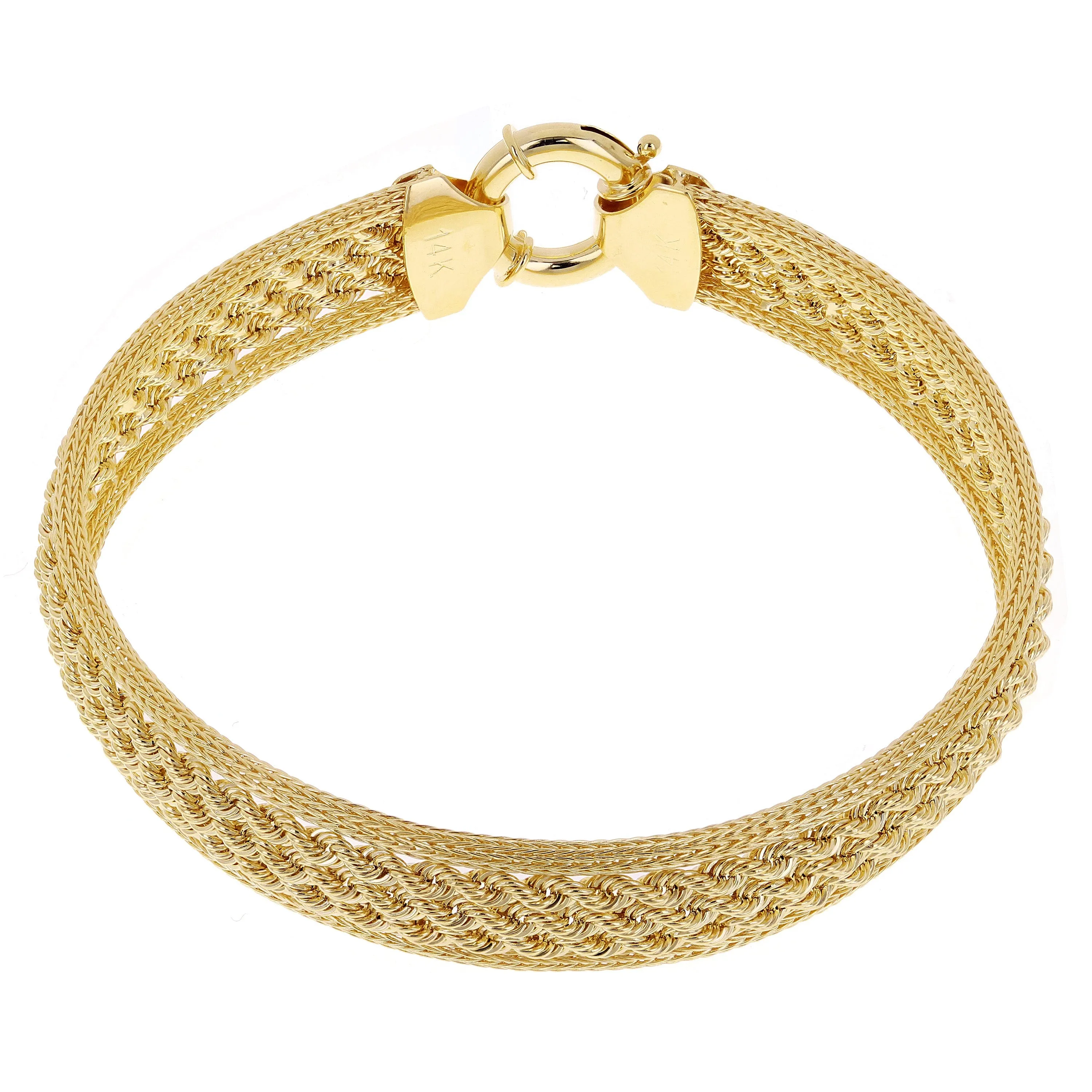 Italian 14k Yellow Gold Triple Strand Rope Chain Bracelet 7.5" 6mm - 15mm