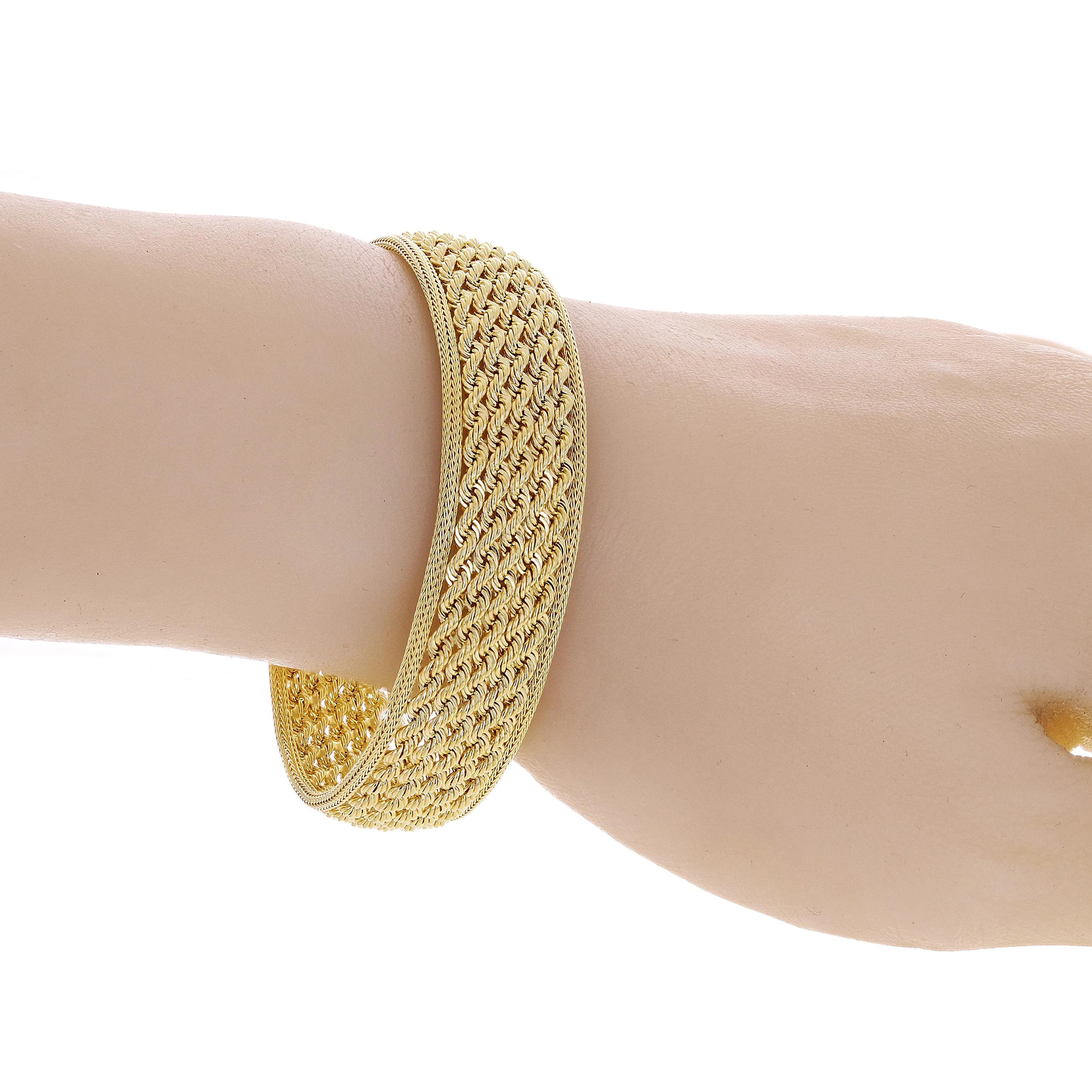 Italian 14k Yellow Gold Triple Strand Rope Chain Bracelet 7.5" 6mm - 15mm