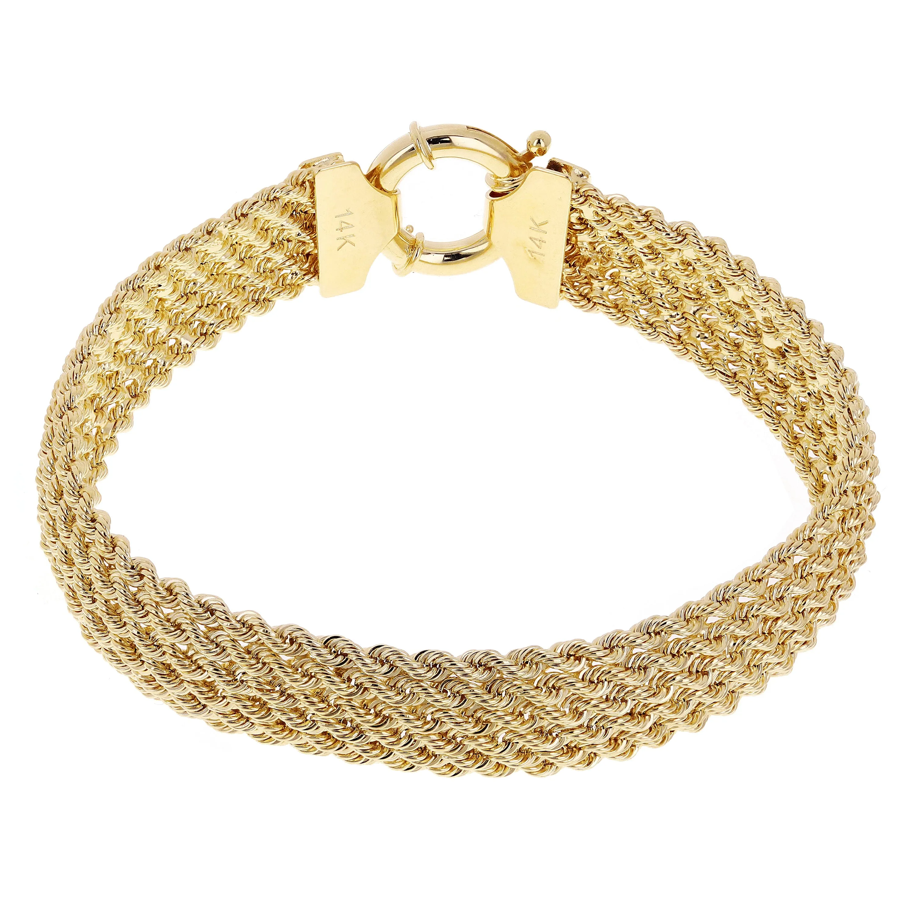 Italian 14k Yellow Gold Triple Strand Rope Chain Bracelet 7.5" 6mm - 15mm