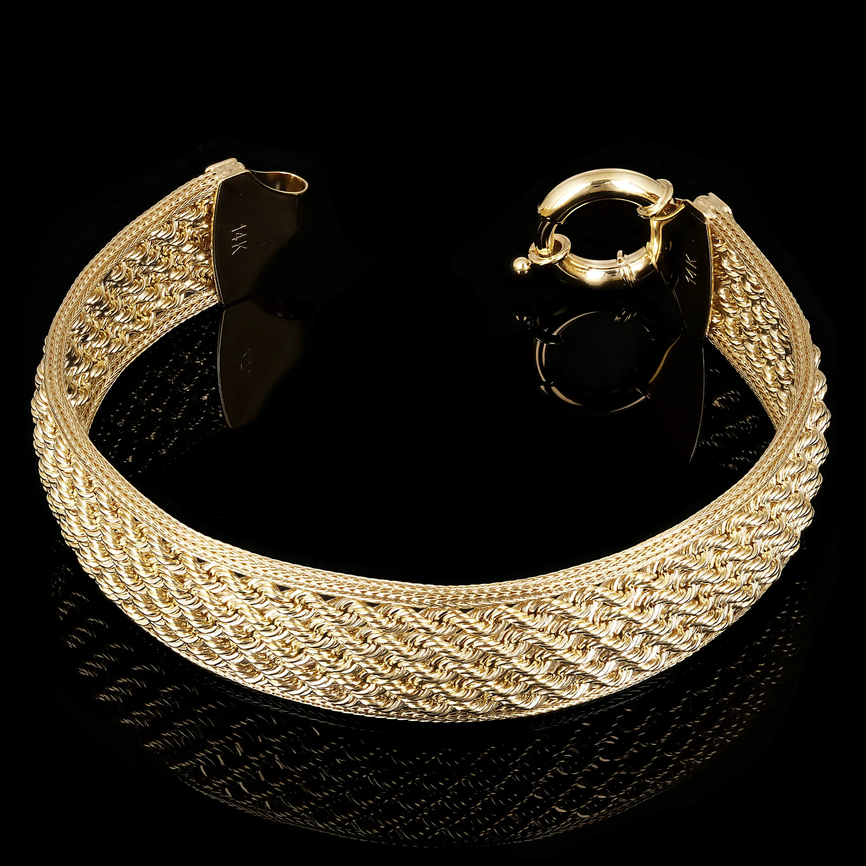 Italian 14k Yellow Gold Triple Strand Rope Chain Bracelet 7.5" 6mm - 15mm