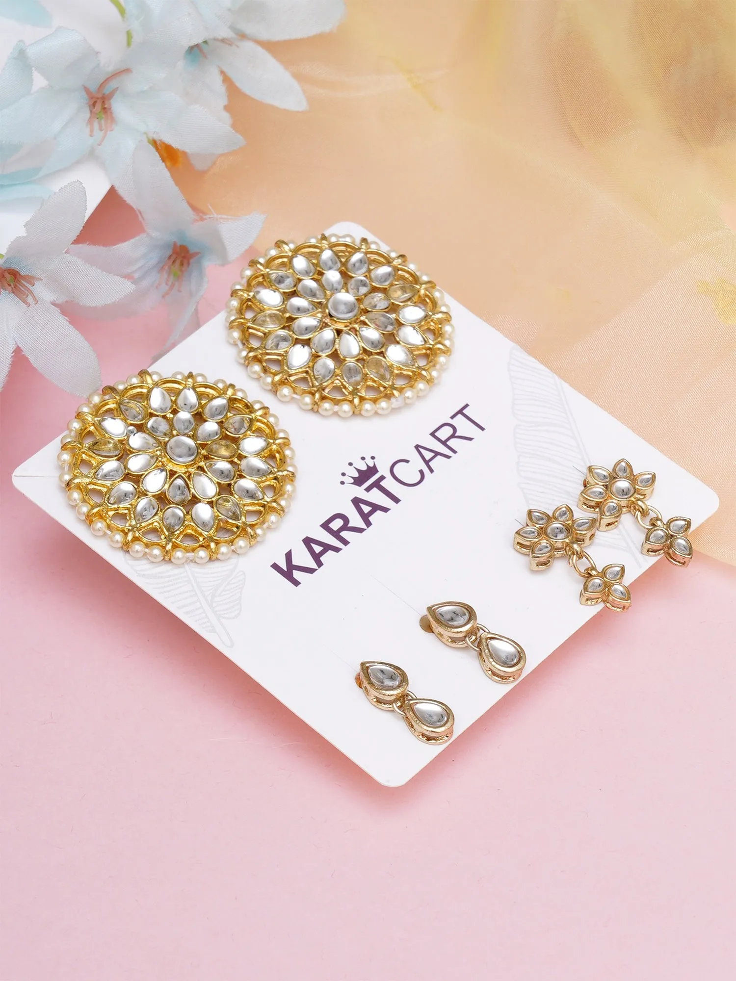 Karatcart Set of 3 Handcrafted Kundan Earrings Combo for Women