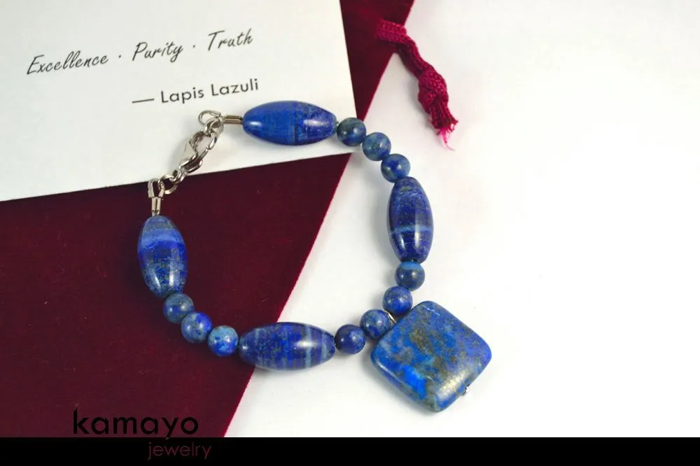 LAPIS LAZULI BRACELET - Blue Square Pendant and Large Rice Beads