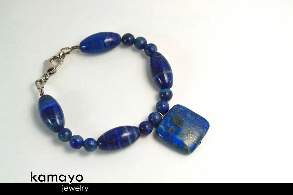 LAPIS LAZULI BRACELET - Blue Square Pendant and Large Rice Beads