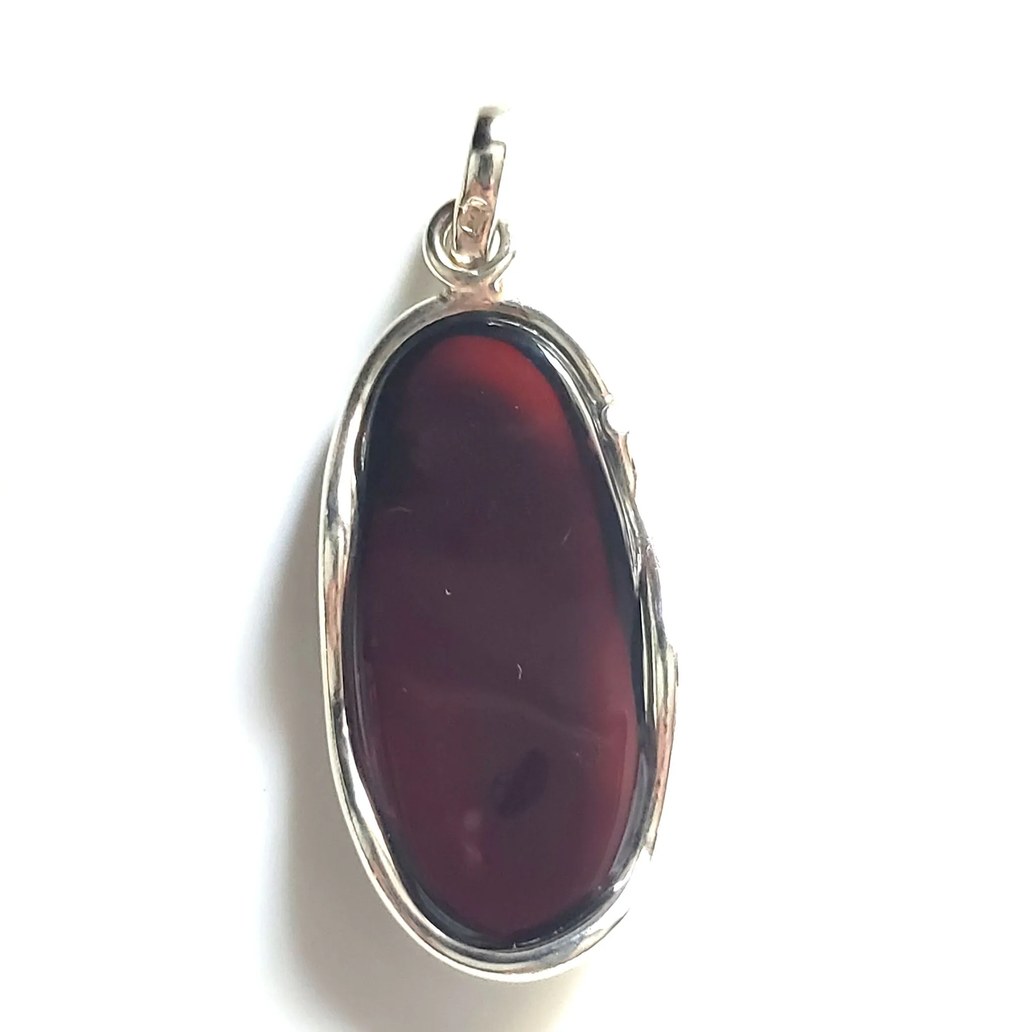 Large Oval Red Cherry Amber Pendant in Modern Sterling Silver