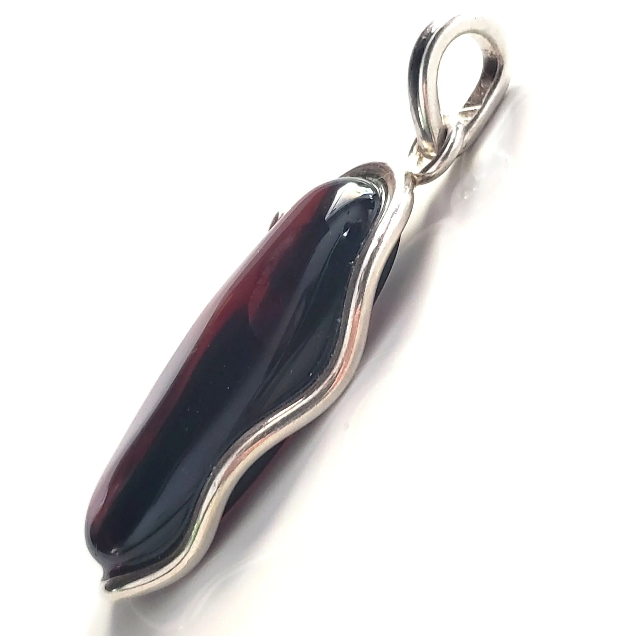 Large Oval Red Cherry Amber Pendant in Modern Sterling Silver