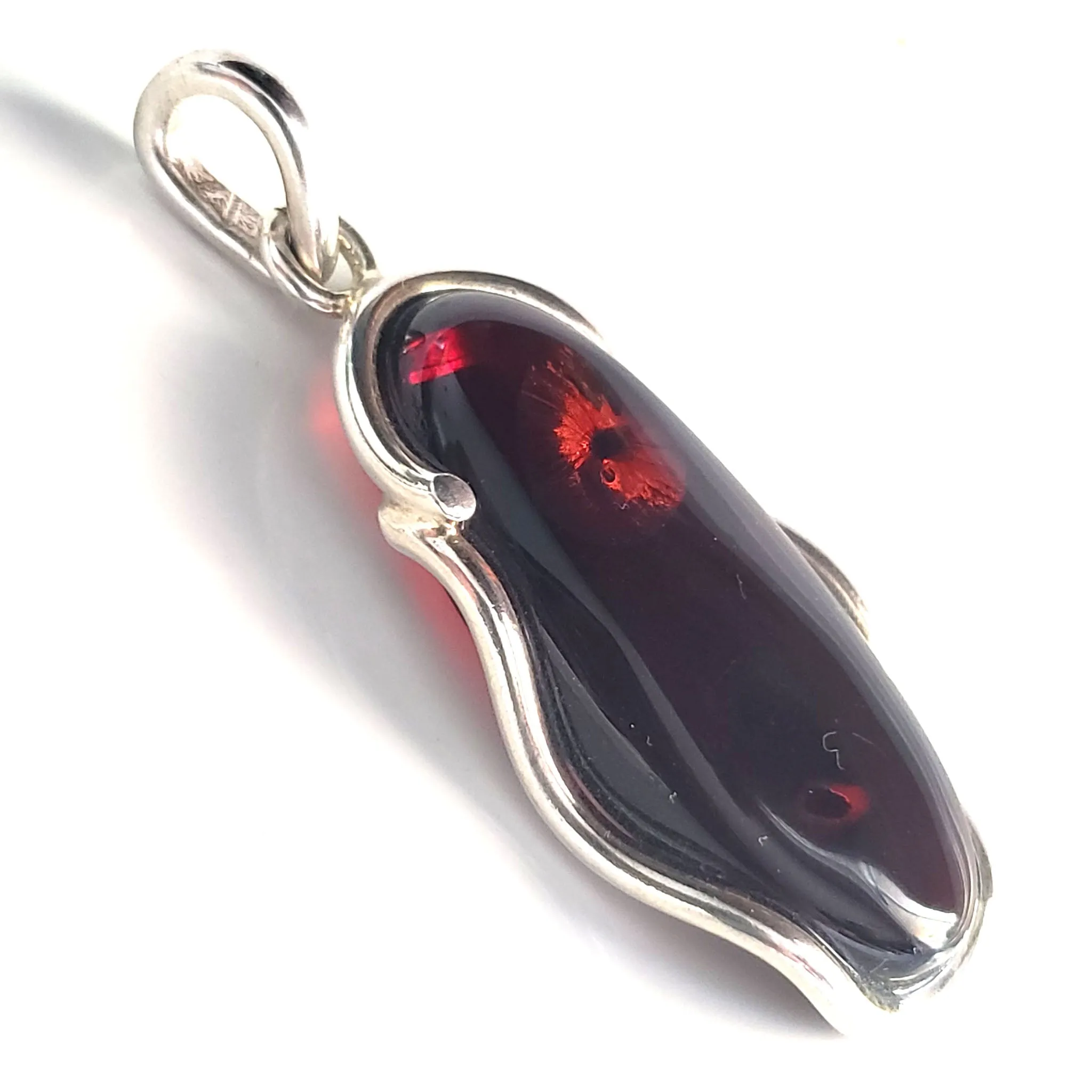 Large Oval Red Cherry Amber Pendant in Modern Sterling Silver