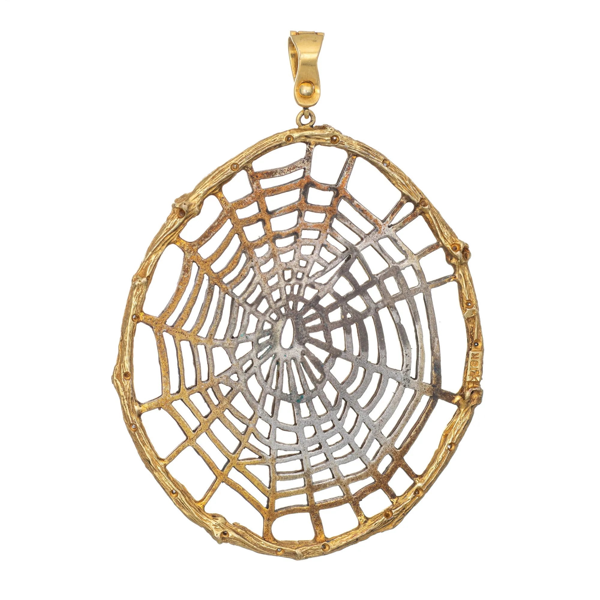 Large Spider Web Pendant Vintage 18k Yellow Gold Silver Estate Fine Jewelry